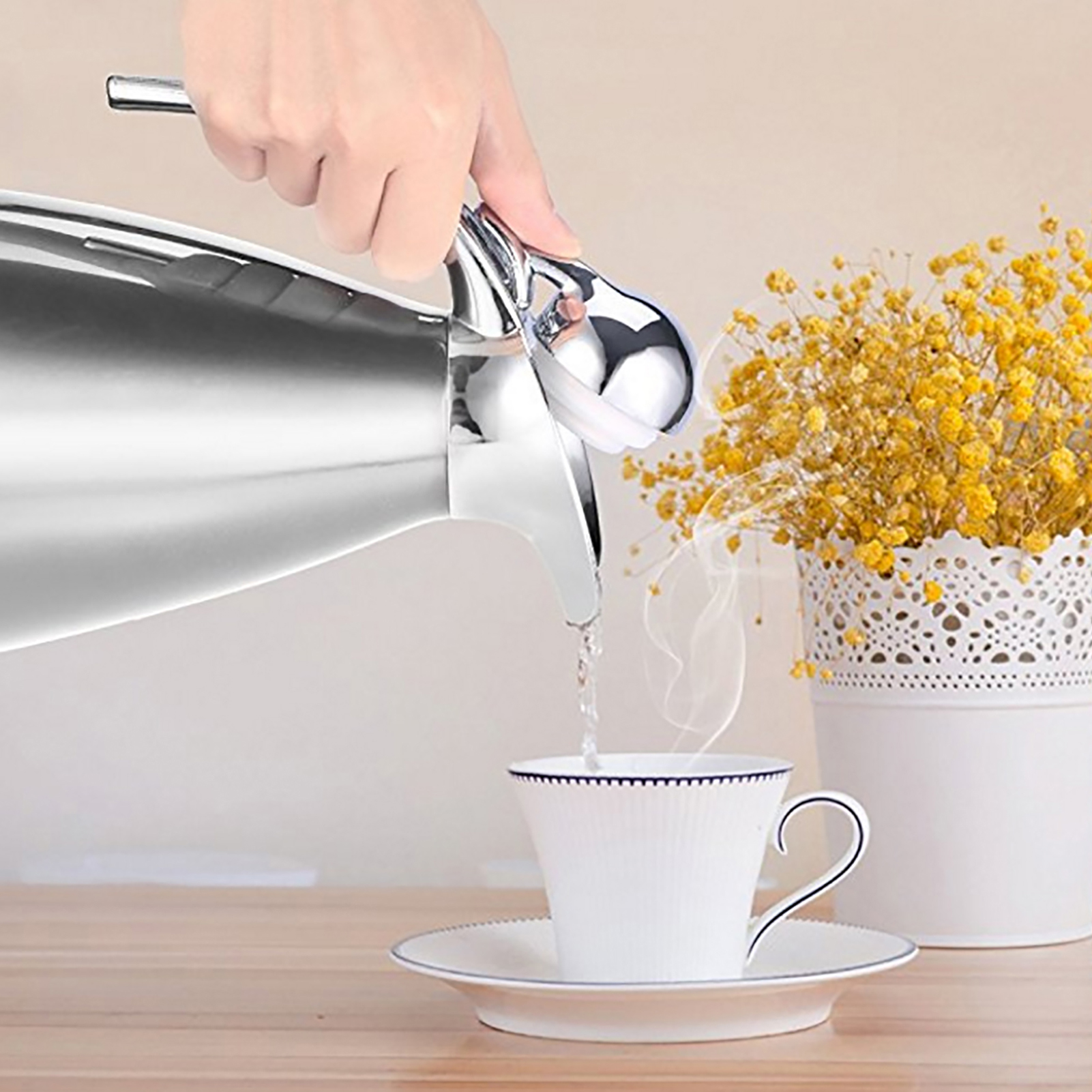 Edelstahl-kaffeekanne, Doppelwandig, Vakuumisoliert, Thermoskanne/wärmflasche, 1,5 L, Silber