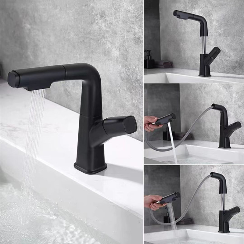 Ausziehbares, Drehbares Waschbecken In Gunmetal-grau Mit Warm- Und Kaltwasserhahn, Waschtischunterschrank Mit Zwei Wasserstrahlarten – Schwarzes Modell