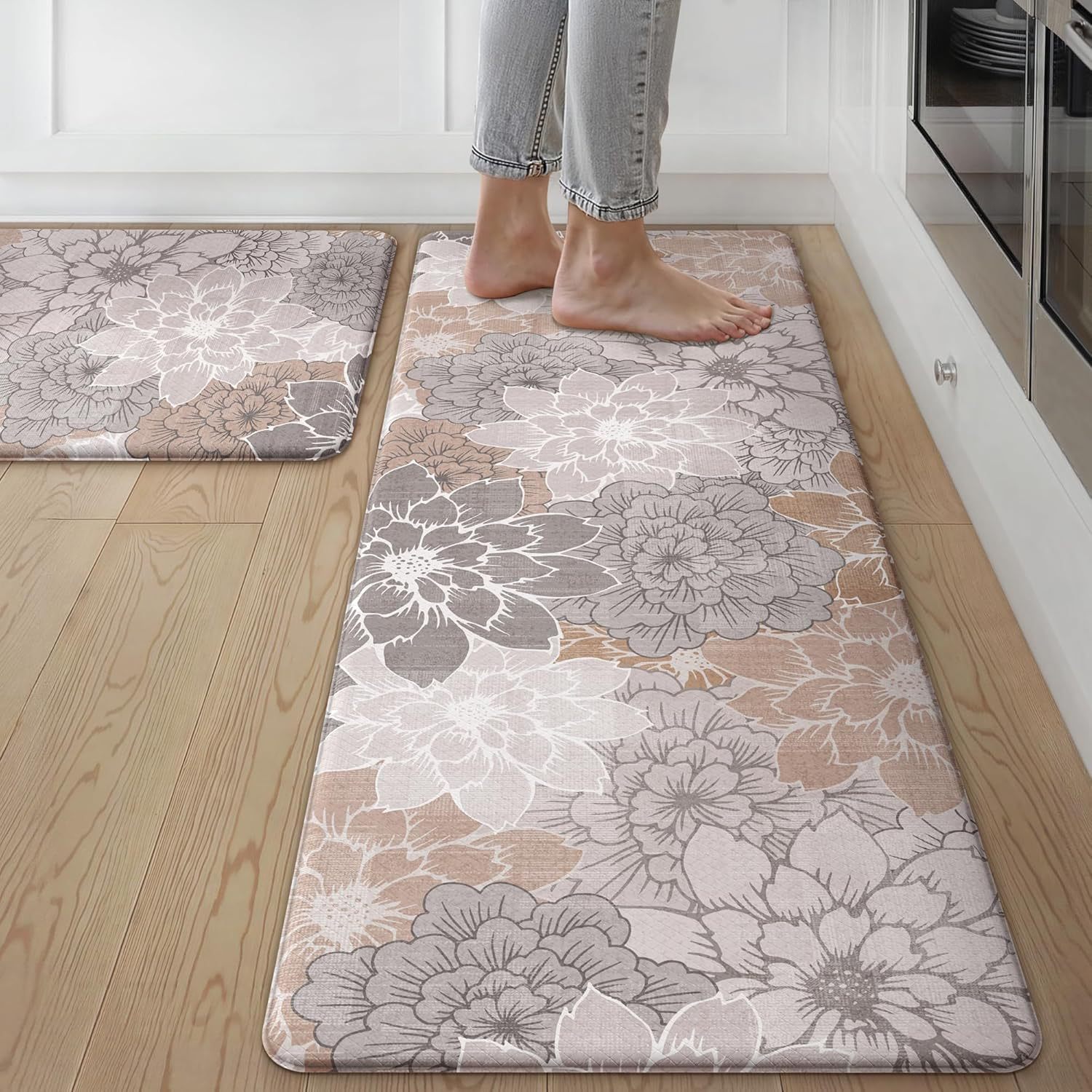 Küchenfußmatte, Saugfähige Und Rutschfeste Pvc-matte, Ölbeständig, Abwaschbar, Lange Streifenmatte Für Den Wintereingang – Blumendesign – Cremeweiß – 44 X 150 X 1,0 Cm