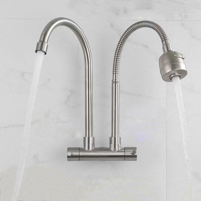 Unterputz-kaltwasserarmatur Aus Edelstahl 304 Für Küchenspülen Und Waschbecken – Zweirohr-, Zweiauslauf- Und Zweiöffnungsarmatur, Drehbar – Gebürstetes, Horizontales Doppelrohr Mit Großem Bogen Und Un