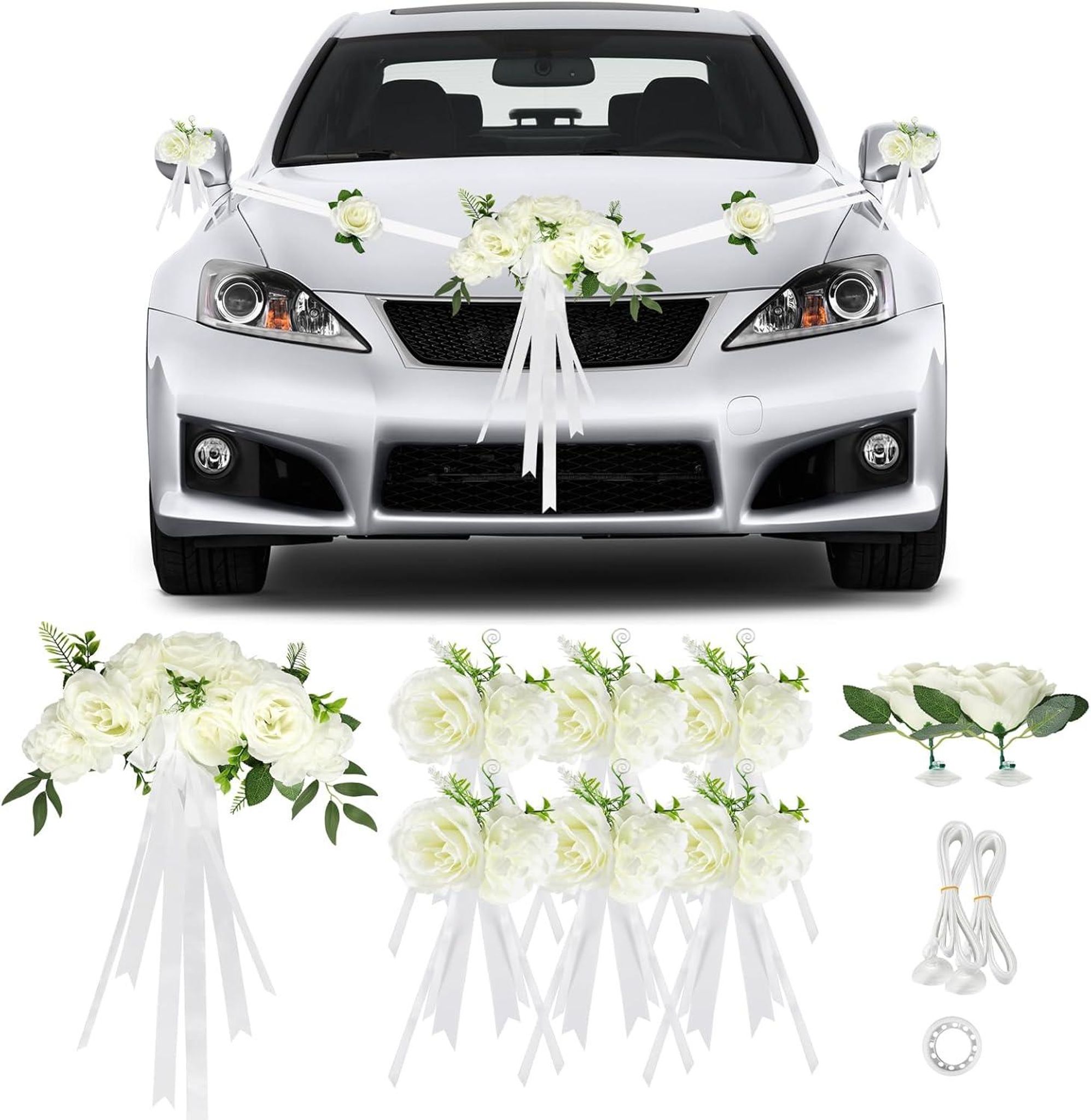 Autoschmuck Hochzeit Motorhaube Set 9 Weisse Rosen Mit Saugnaepfen