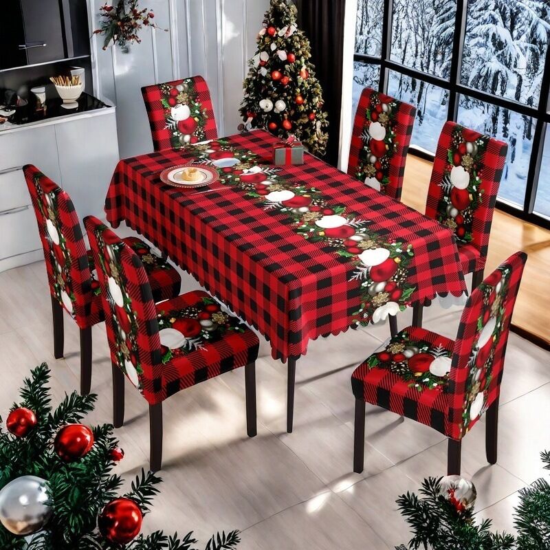 Wasserfeste Tischdecke Mit Weihnachtsmuster, Gemusterte Stuhlhussen Für Das Esszimmer, Dekorationsset Für Weihnachtstisch Und Stühle