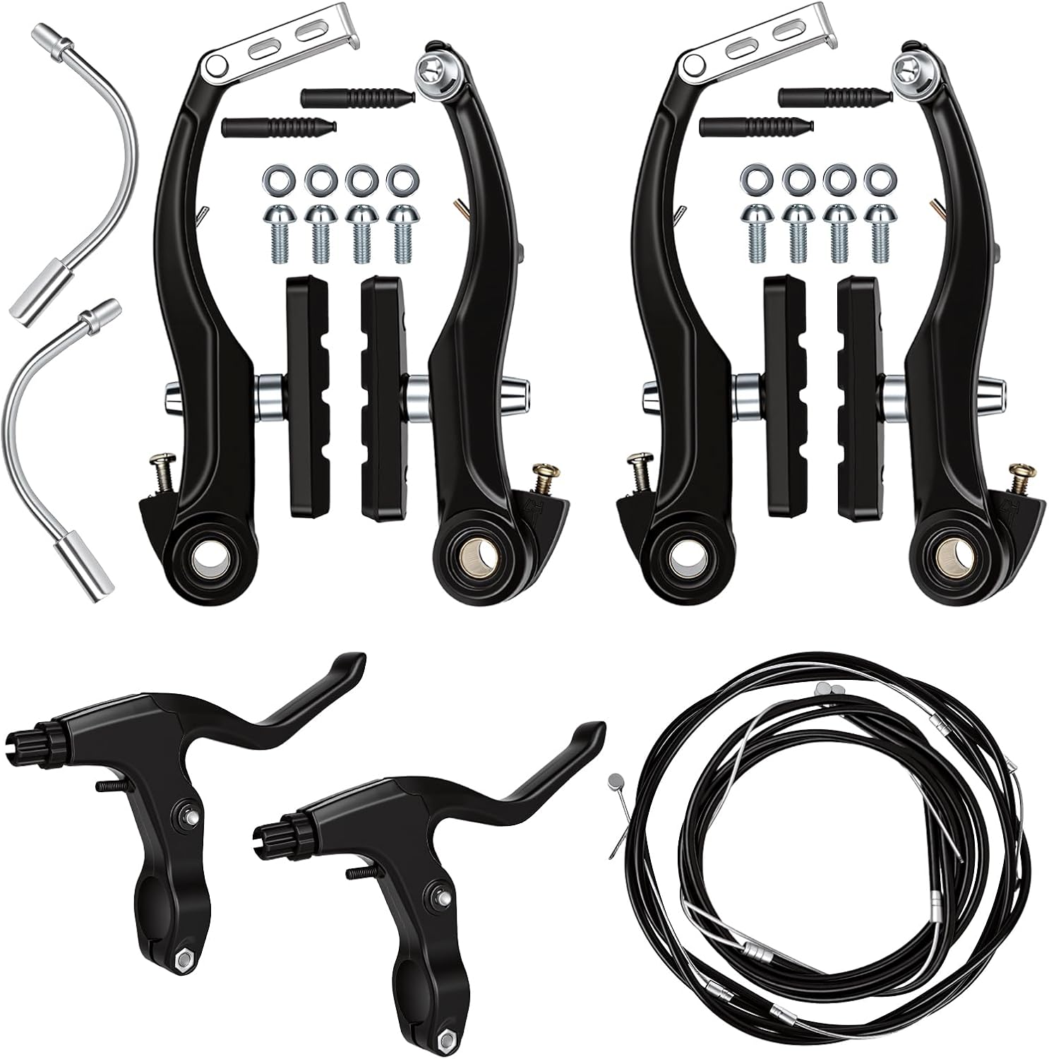 Komplettes Fahrradbremsenset – Schwarz – 2 Bremshebel + 2 V-bremsen + Aluminium-bremszüge – Universelles Bremsenset Für Mountainbikes Und Rennräder Mit Innenverlegten Zügen