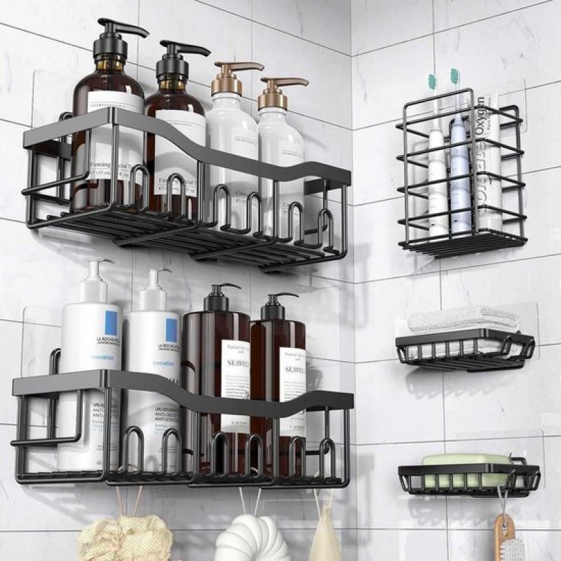 5-teiliges Badezimmer-aufbewahrungsset, Bestehend Aus Einer Wandhängenden Duschwanne (kein Bohren Erforderlich), Einem Platzsparenden Ständer, Einem Eisenständer Und Einem Wandmontierten Zahnbürstenha