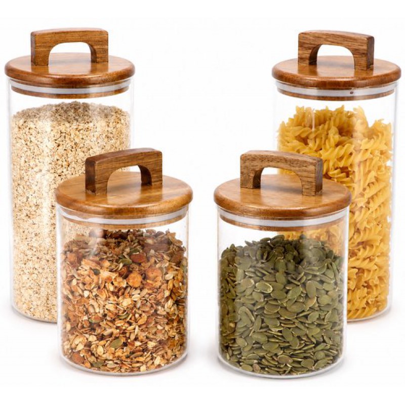 Vorratsgläser Aus Glas Mit Deckeln Aus Akazienholz – 4er-set Vorratsgläser Mit Deckel – Bpa-frei – Luftdichter Verschluss