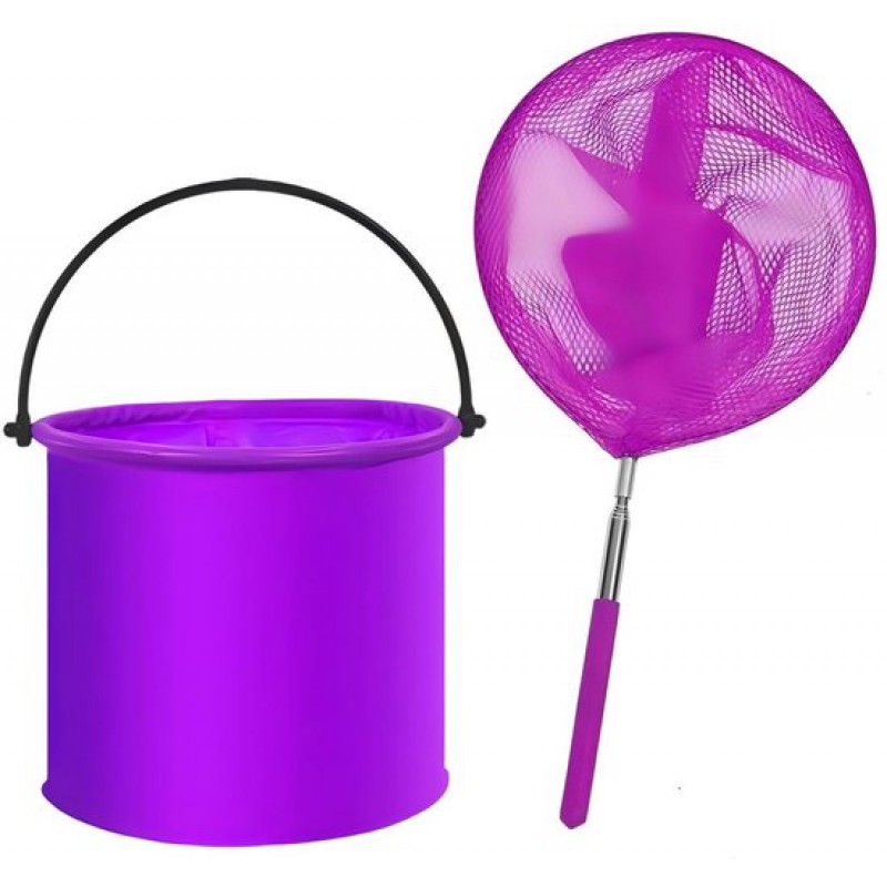 Gsedaox Fischernetz – Ausziehbares Netz – Teichnetz – Tragbares, Farbenfrohes Und Faltbares Fischer- Und Schmetterlingsnetz Für Kinder – Inklusive Eimer – Lila