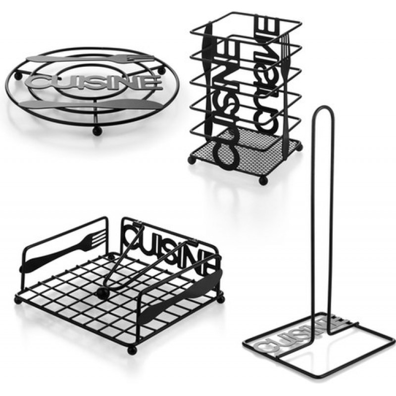 Industrielles Küchenutensilien-aufbewahrungsset: Papierrollenhalter, Serviettenhalter, Untersetzer, Besteckhalter, Metall, Schwarz.