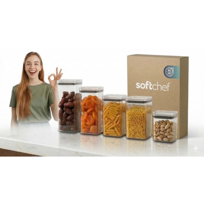 5er-set Stapelbarer Aufbewahrungsbehälter – Vorratskammer-organizer – Silikondeckel – 700 / 1000 (x2) / 1400 / 2100 Ml – Transparenter Ps-kunststoff – Bpa-frei