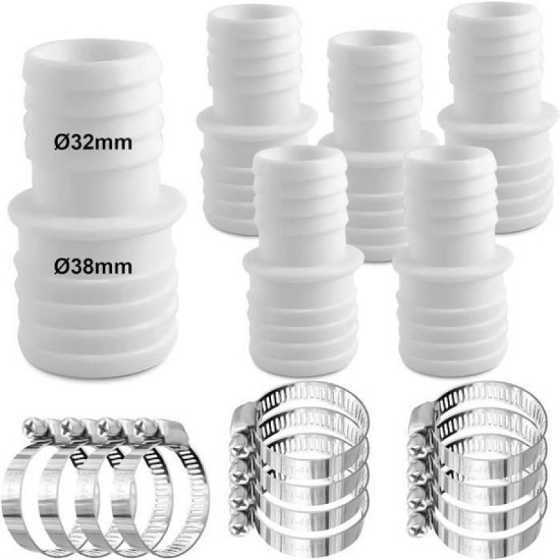 6-teiliges Set – Schlauchverschraubungen – Ø 32 Mm Bis Ø 38 Mm – 12 Schlauchschellen – Poolschlauch – Adapter – Doppeldüse – Weiß