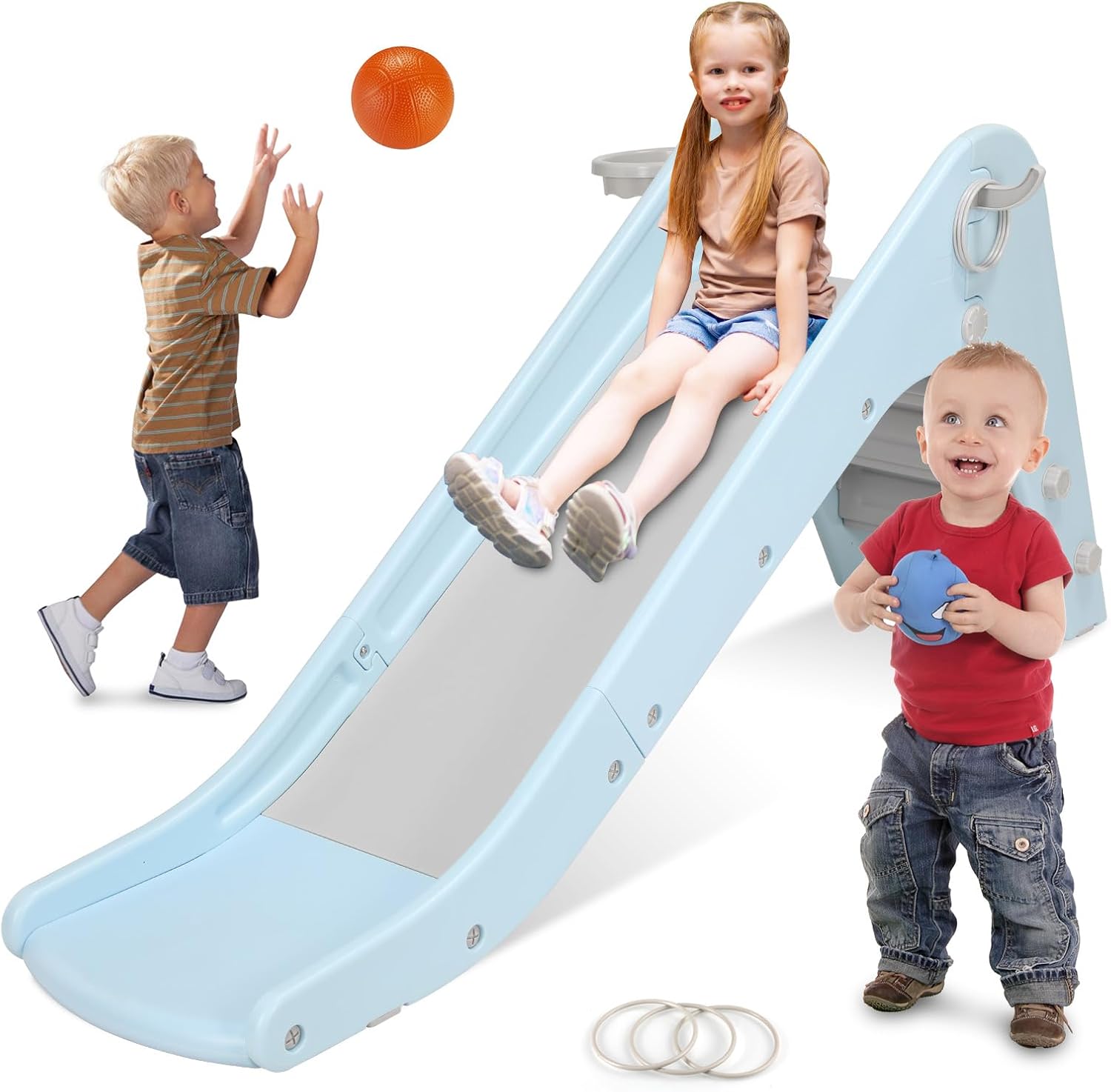 Kinderrutsche Rutsche Indoor Ab 2 Jahr, 190cm Kinder Rutsche Mit Basketballkorb Und Zwinge, Treppenrutsche, Kunststoff Gartenrutsche, Outdoor Rutsche Für Kinder Spielplatz, Blau-grau