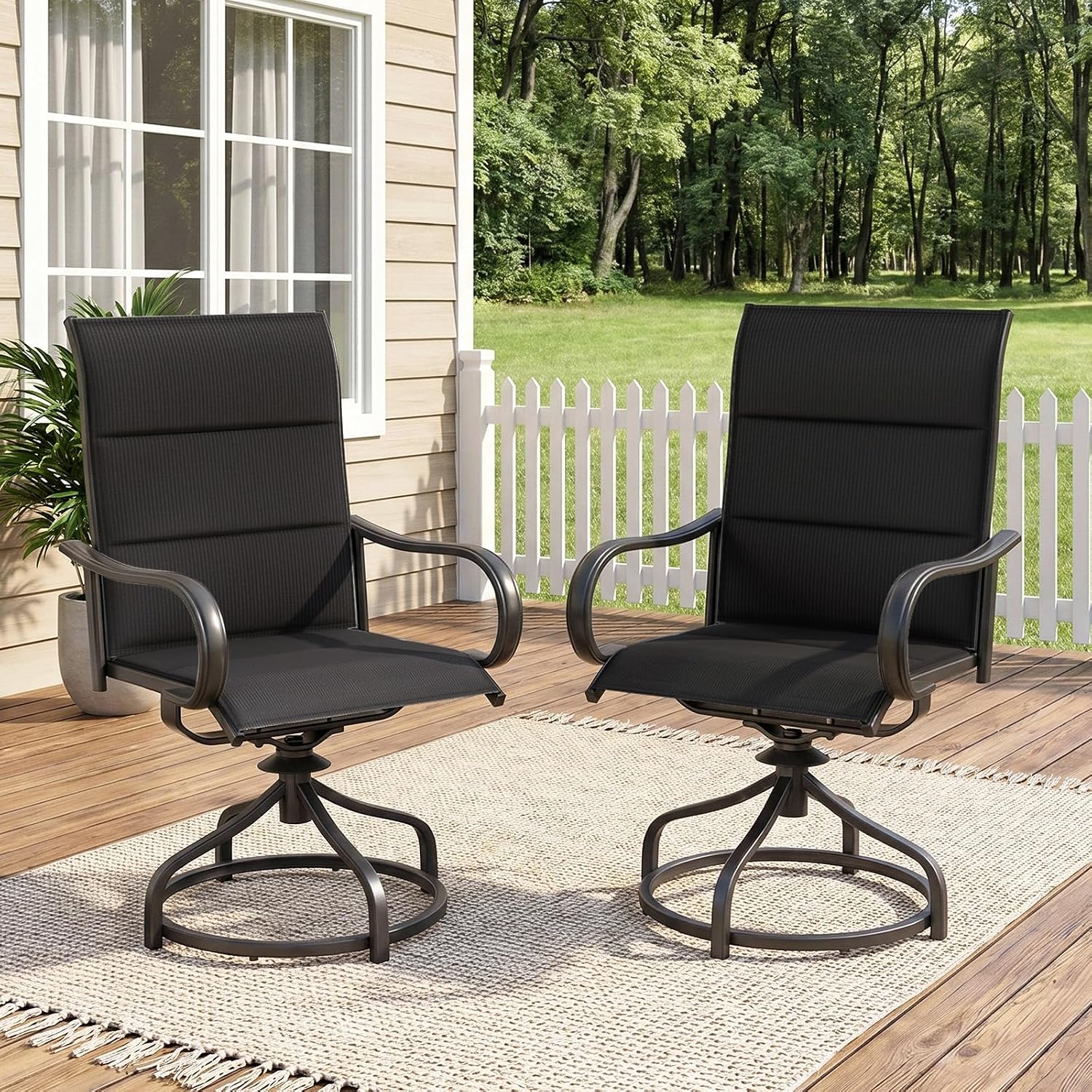 Gartenstühle Hochlehner 2er Set, 360° Drehbar, Drehstühle Wetterfeste,balkonstühle, Gesteppte Rückenlehne & Sitzfläche, Bis 150 Kg Belastbar, Für Terrasse Garten Balkon Bistrot, Schwarz
