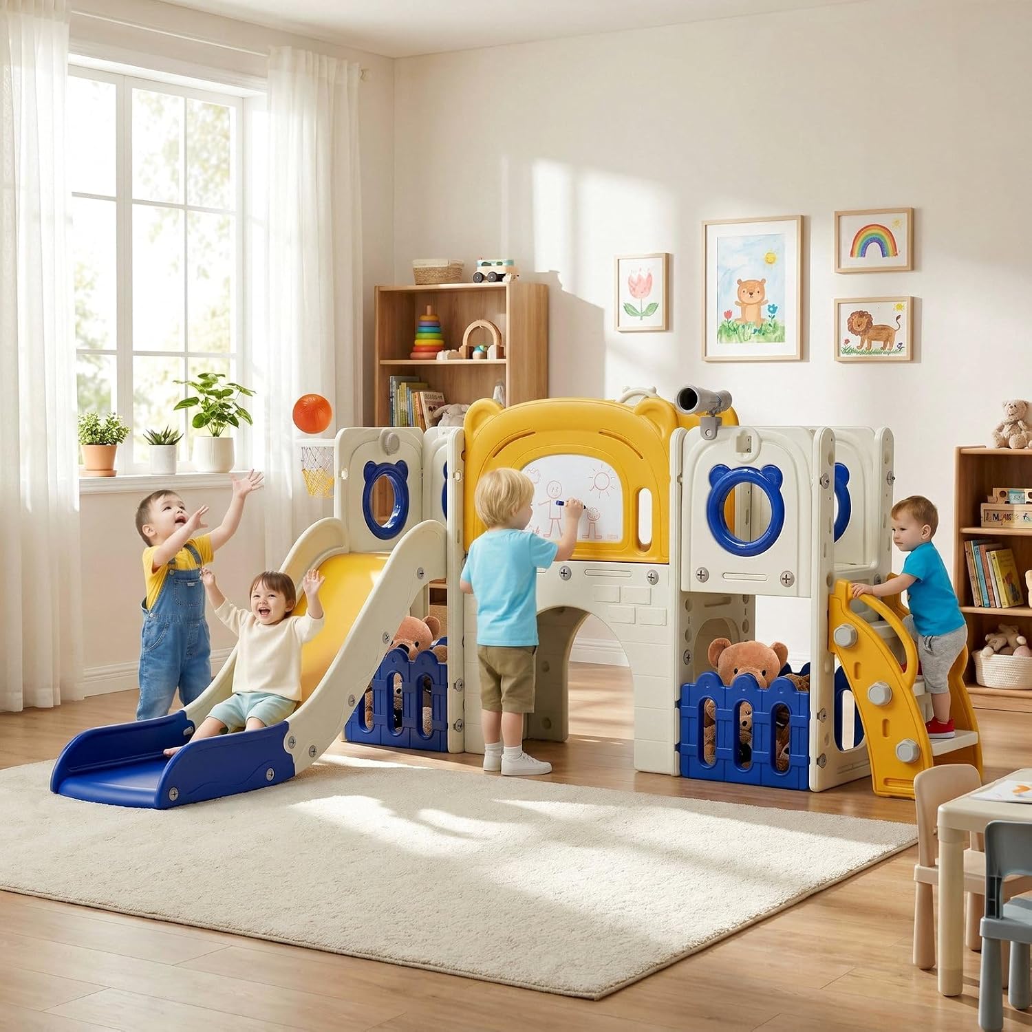 10-in-1 Multifunktional Kinderrutsche Mit Zeichenbrett & Bürste – Klettergerüst Für Indoor & Outdoor, Spielplatz Mit Basketballkorb & Doppelter Stauraum, Gartenrutsche,4pcs Moduls,gelb Blau