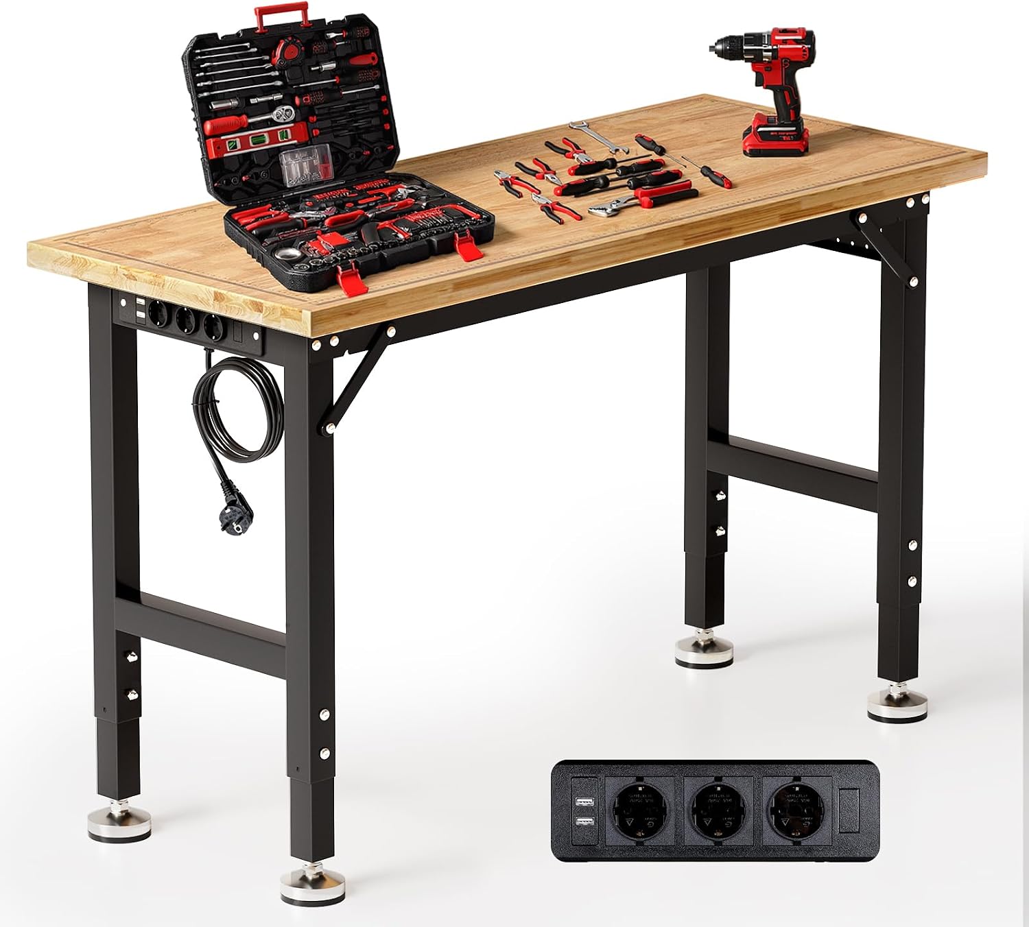 Schwerlast Werkbank Verstellbare, 122cm Werktisch Aus Gummibaumholz Arbeitstisch Mit Steckdose & Stecktafel, Garagetisch 5-stufig Höhen,907kg Tragkraft, 15pc Haken, Workbench Für Werkstatt Büro