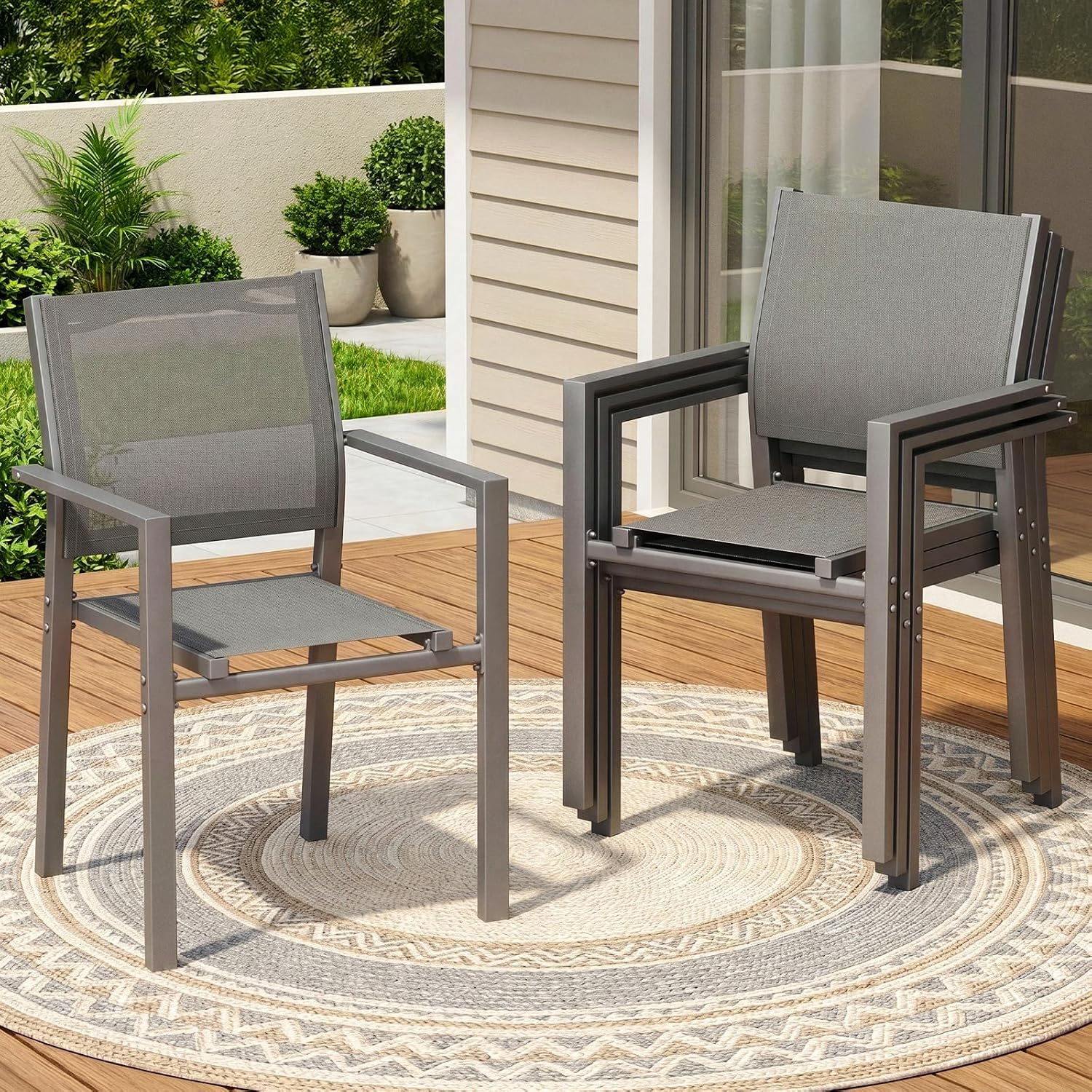 Gartenstühle Stapelbar 4er Set, Balkonstühle, Essstühle, 4 Pcs Teslin Und Metallgestell, Bis 120 Kg, Outdoor Gartenstuhl Für Terrasse Garten Pool, Atmungsaktiv Mit Armlehnen, Grau