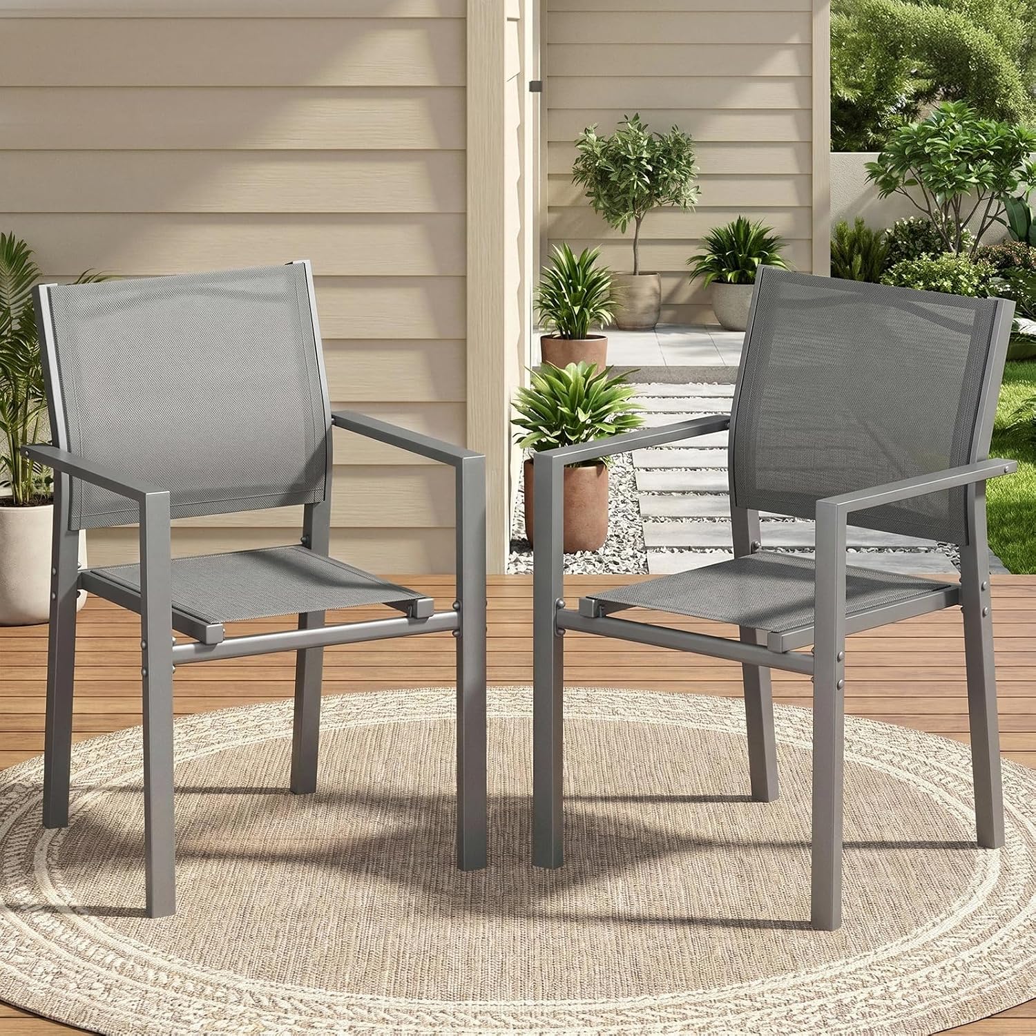Gartenstühle Stapelbar 2er Set, Balkonstühle, Essstühle, 2 Pcs Teslin Und Metallgestell, Bis 120 Kg, Outdoor Gartenstuhl Für Terrasse Garten Pool, Atmungsaktiv Mit Armlehnen, Grau