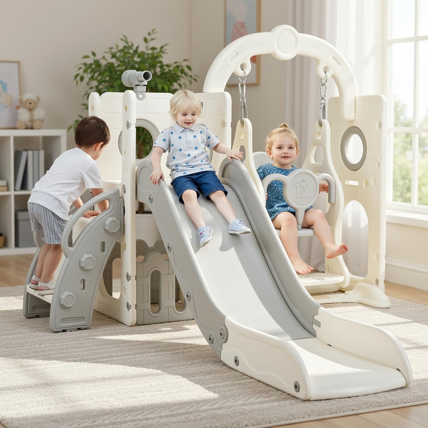 Schaukel Rutsche, 5-in-1 Kinderrutsche Mit Schaukel, Klettergerüst, Teleskop, Aufbewahrung, Indoor Und Outdoor Freistehende Rutsche, Spielplatz Für Kleinkinder, Für Max 60kg Ab 1-6 Jahre