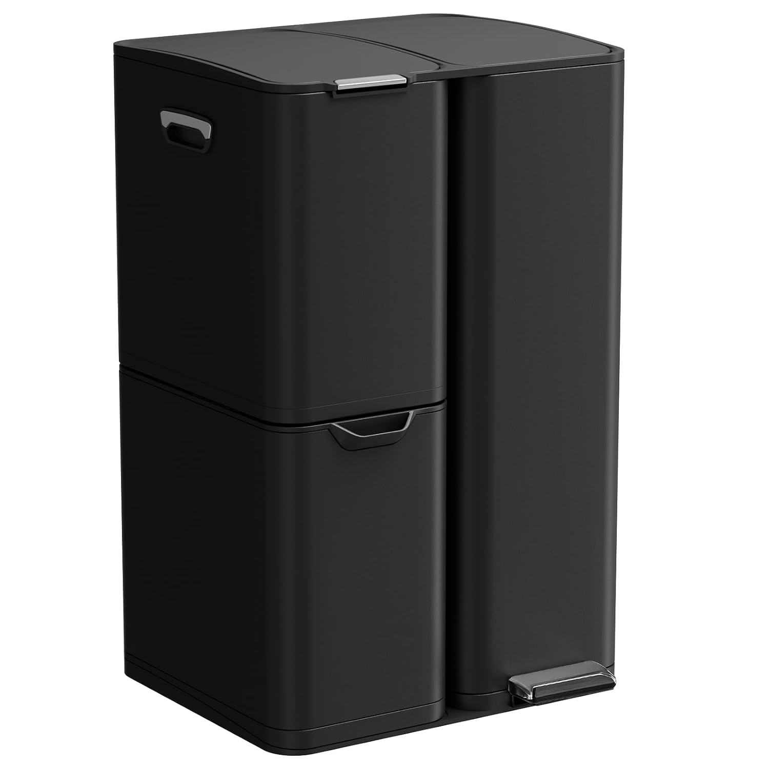 Mülleimer 3 Fächer, 60l Mülltrennsystem (30 + 17 + 13 L) Mit Softclose Deckel, Abfalleimer Küche Aus Edelstahl Metall, Inneneimer Abnehmbar Mit Griffe,treteimer, Schwarz