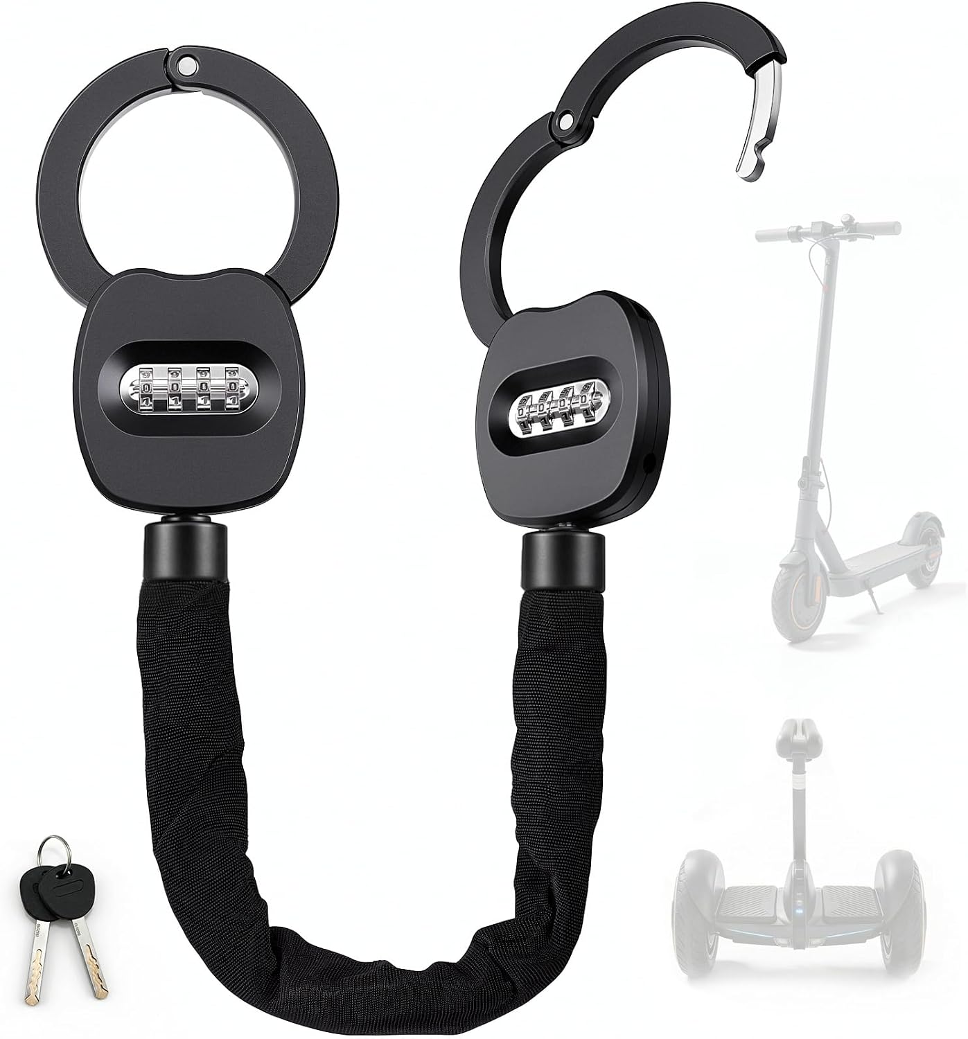 E Scooter Schloss, 4-stelliges Zahlenschloss, 93cm E Roller Schloss 6 Mm Stahlkette+360°drehgelenk, Wasserdicht,robust, Inkl.2 Schlüssel Für Code-reset, Für E-scooter Fahrräder E-bike Motorrad