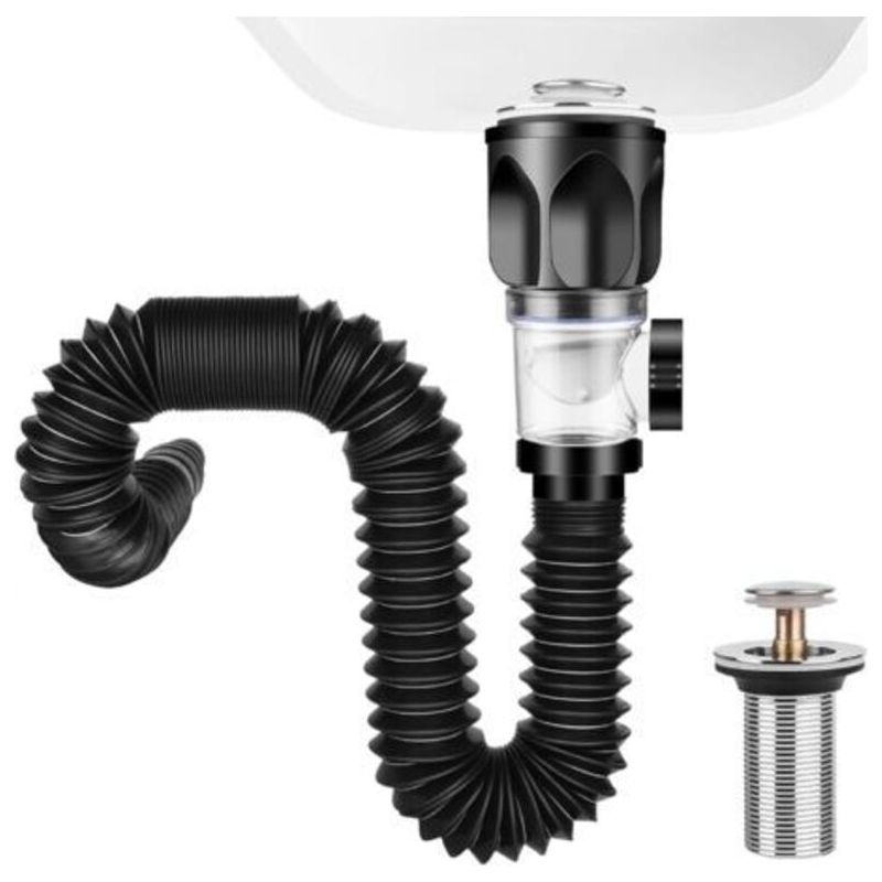 Spülbeckenstöpsel-set, Einziehbarer Siphon Von 300 Bis 1000 Mm, Spülbeckenablauf Mit Flexiblem Ablauf Und Einziehbarem Sieb, Für Bad Und Küche (schwarz)