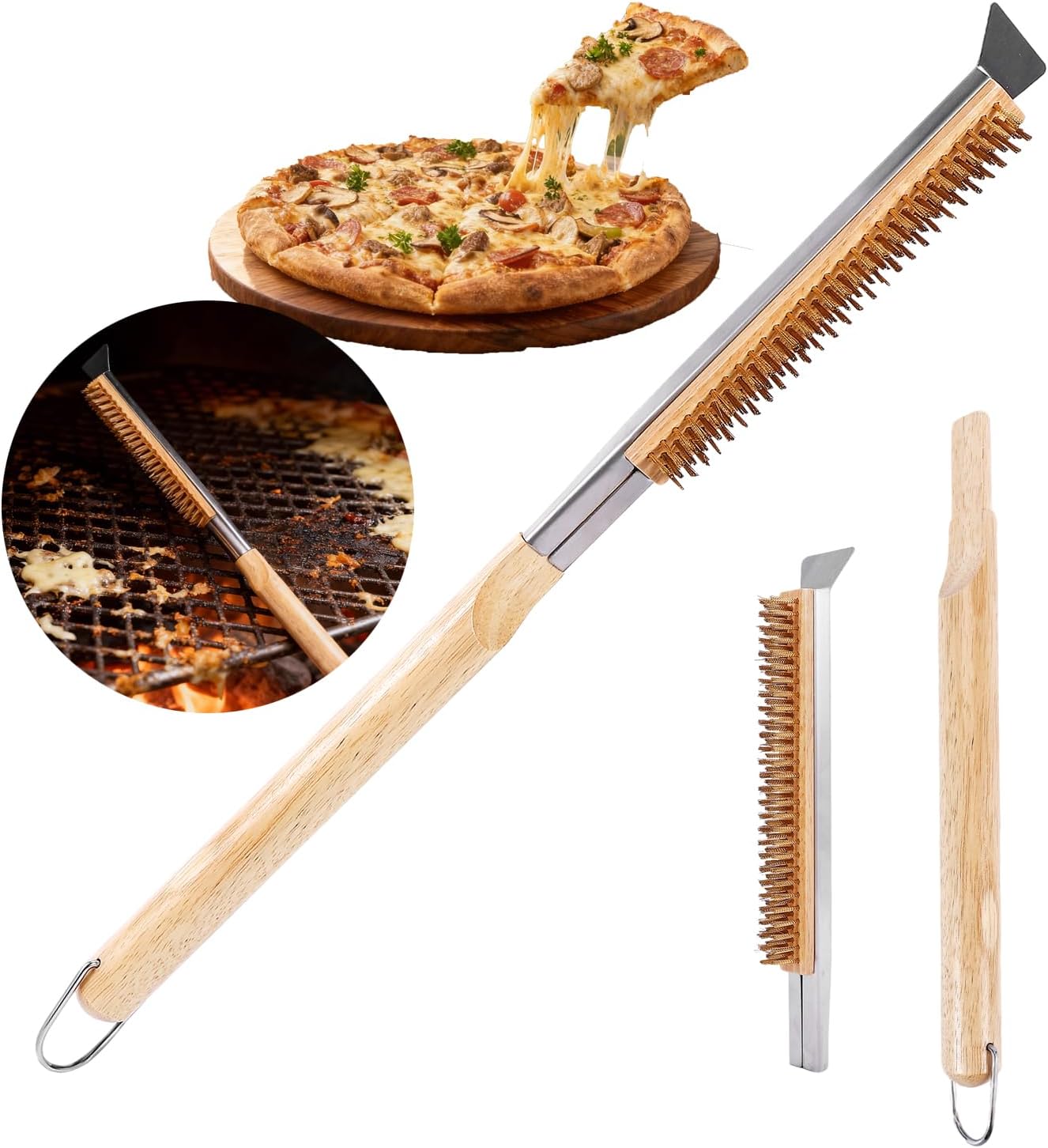 53 Cm Pizzaofenbürste Mit Edelstahlschaber, Grillreinigungswerkzeug Mit Messingborsten Für Pizzastein Und Grill