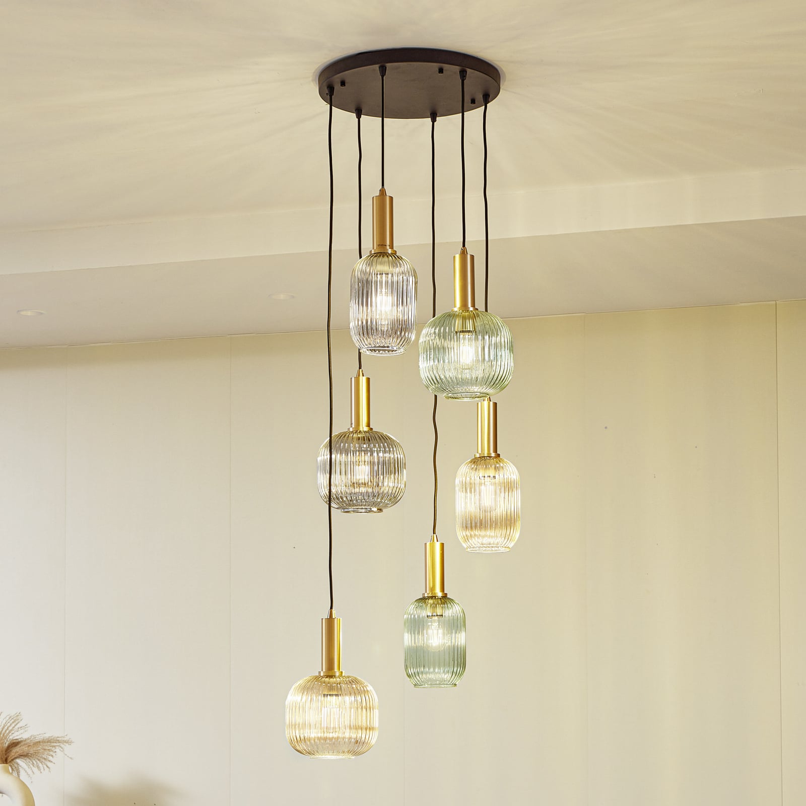[gebraucht] B-ware Lindby Hängeleuchte Doroteo 6-flg Grün Amber Grau 52 Cm Dimmbar Ip20