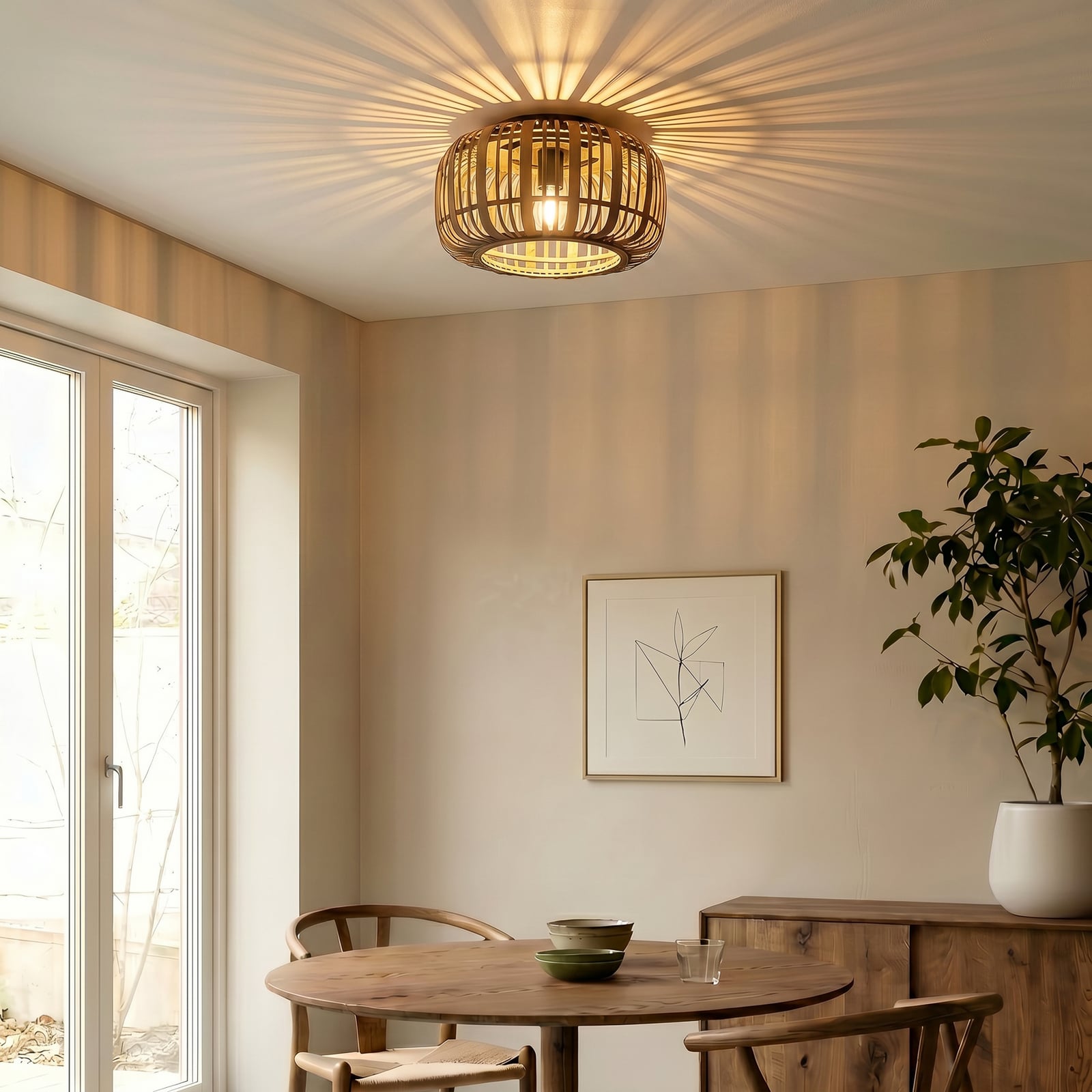 [gebraucht] B-ware Lindby Deckenleuchte Canyana Led Hängeleuchte Lampe Rattan Natur Schwarz Ø40cm