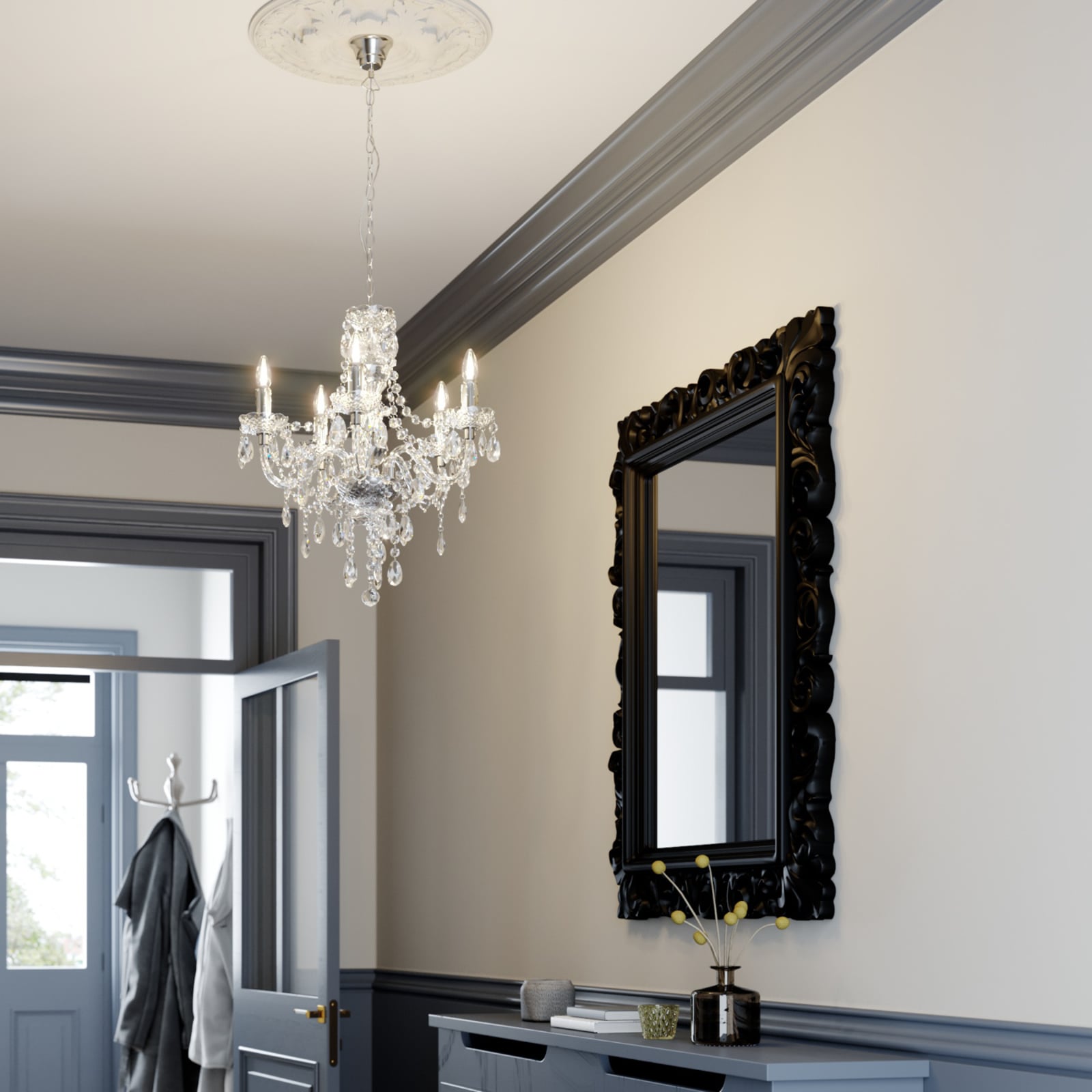 [gebraucht] B-ware Lindby Kronleuchter Merida Hängeleuchte Leuchte Lampe 5-flg Dimmbar Chrom Ø52cm
