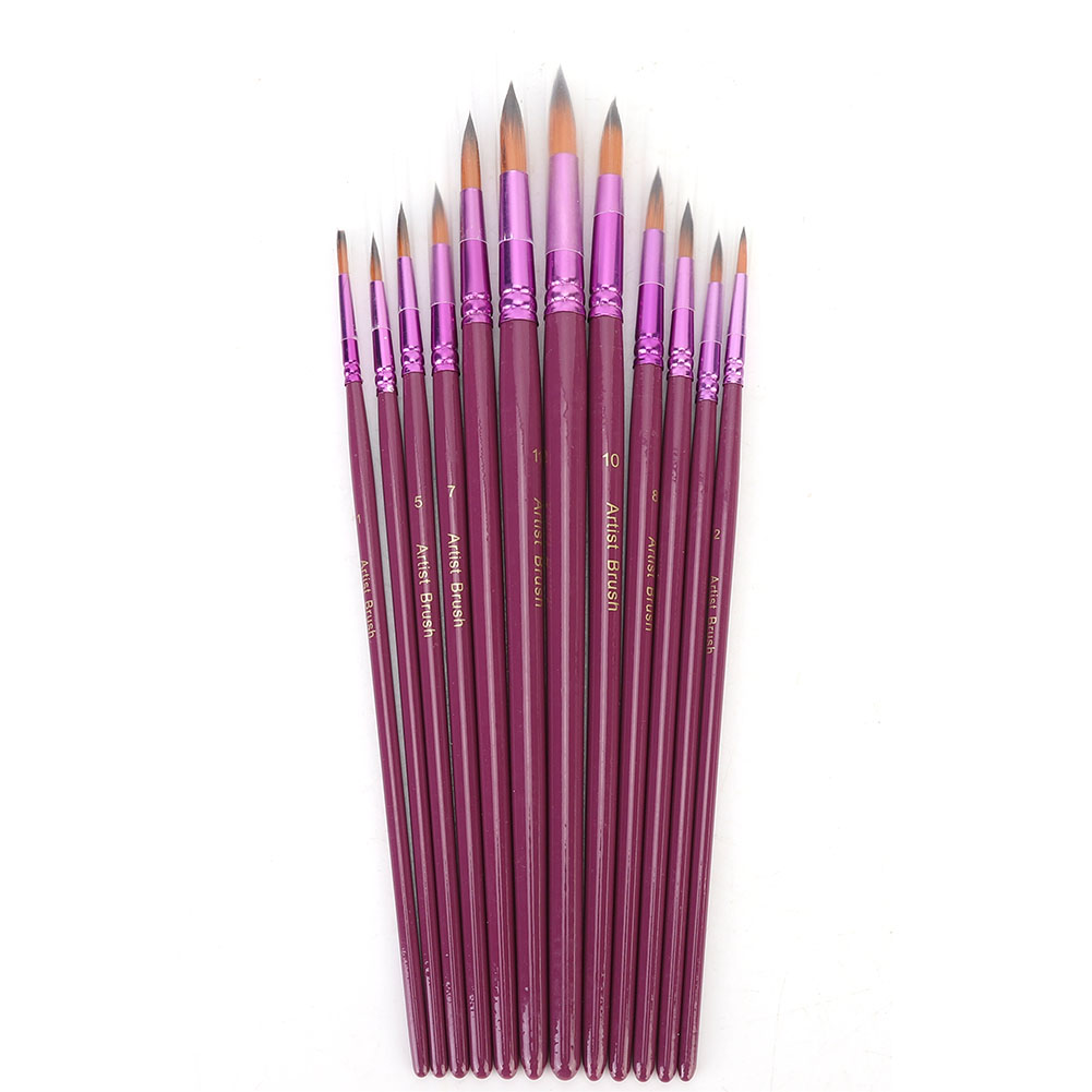Set Mit 12 Runden, Violetten Nylonpinseln Für Aquarell- Und Acrylfarben