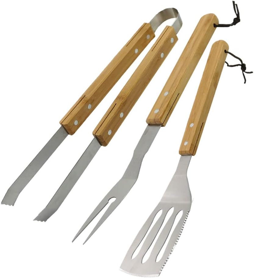 3-teiliges Grillbesteck-set – Edelstahl Und Bambus – Pfannenwender, Gabel, Zange – 39 Cm