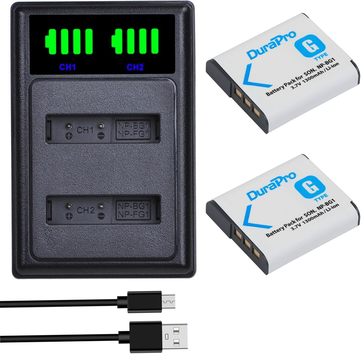 Lot De 2 Batteries Np-bg1 Np-fg1 - Chargerur Double Usb Type C - Li-ion 1300mah - Pour Sony Cyber-shot Dsc-h W Hx