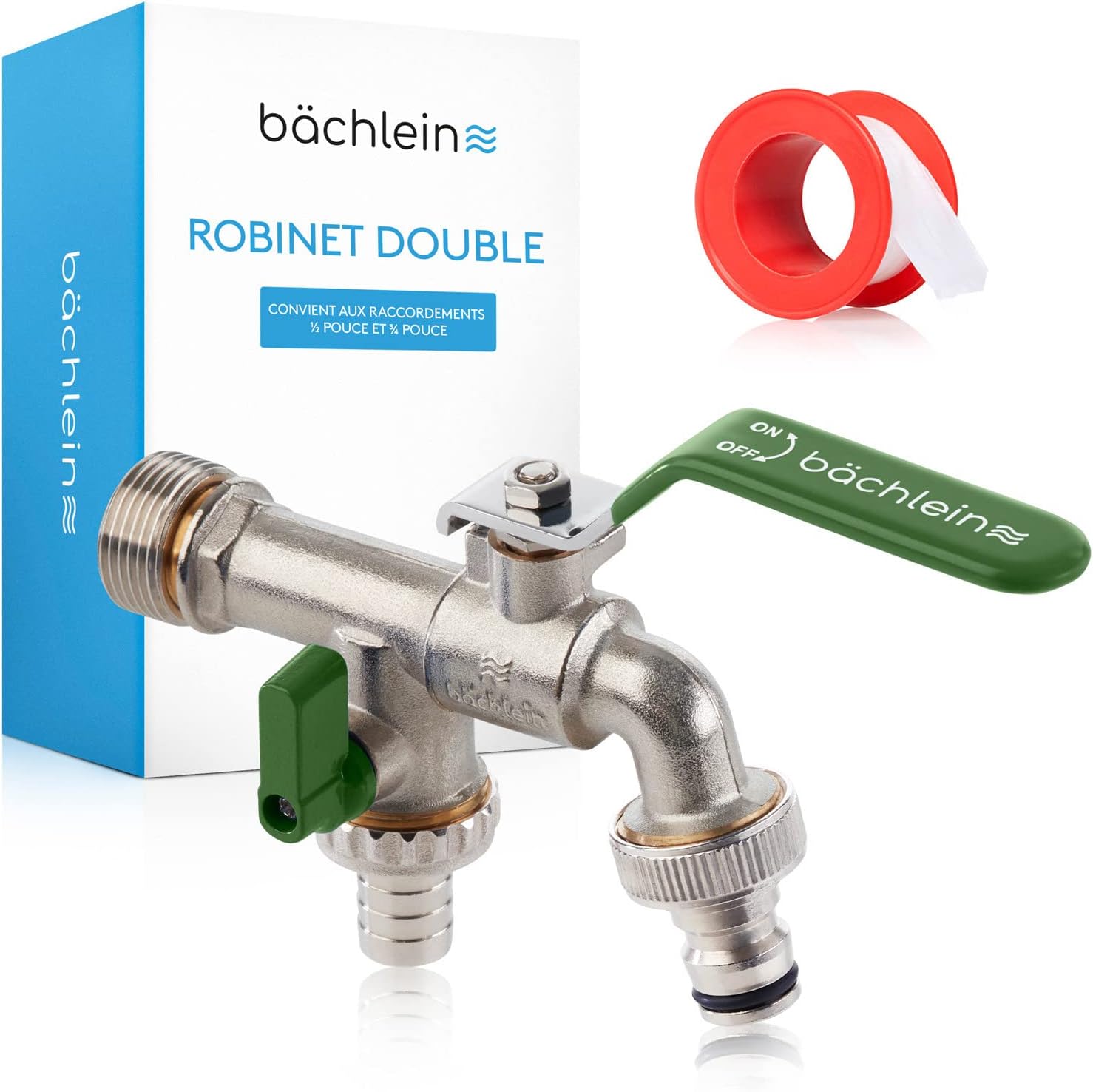 Doppelter Gartenwasserhahn – 2 Auslässe – Vernickeltes Messing – 1/2 Und 1 Zoll – Für Den Außenbereich