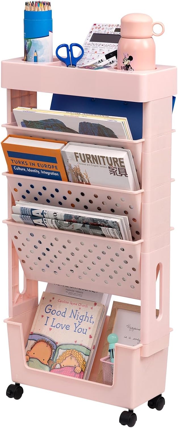 5-stöckiger Aufbewahrungswagen – Robustes Kunststoffmaterial – Mobil Mit Rollen – Für Wohnzimmer, Büro, Schlafzimmer – 38 X 17 X 77 Cm, Rosa