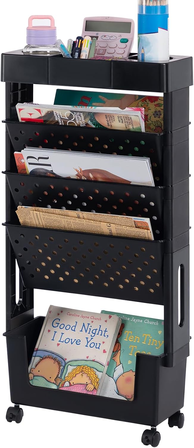 5-stöckiger Aufbewahrungswagen – Robuster Kunststoff – Mobil Mit Rollen – Für Bücher Und Andere Gegenstände – Wohnzimmer, Büro, Küche – Schwarz, 38 X 17 X 77 Cm