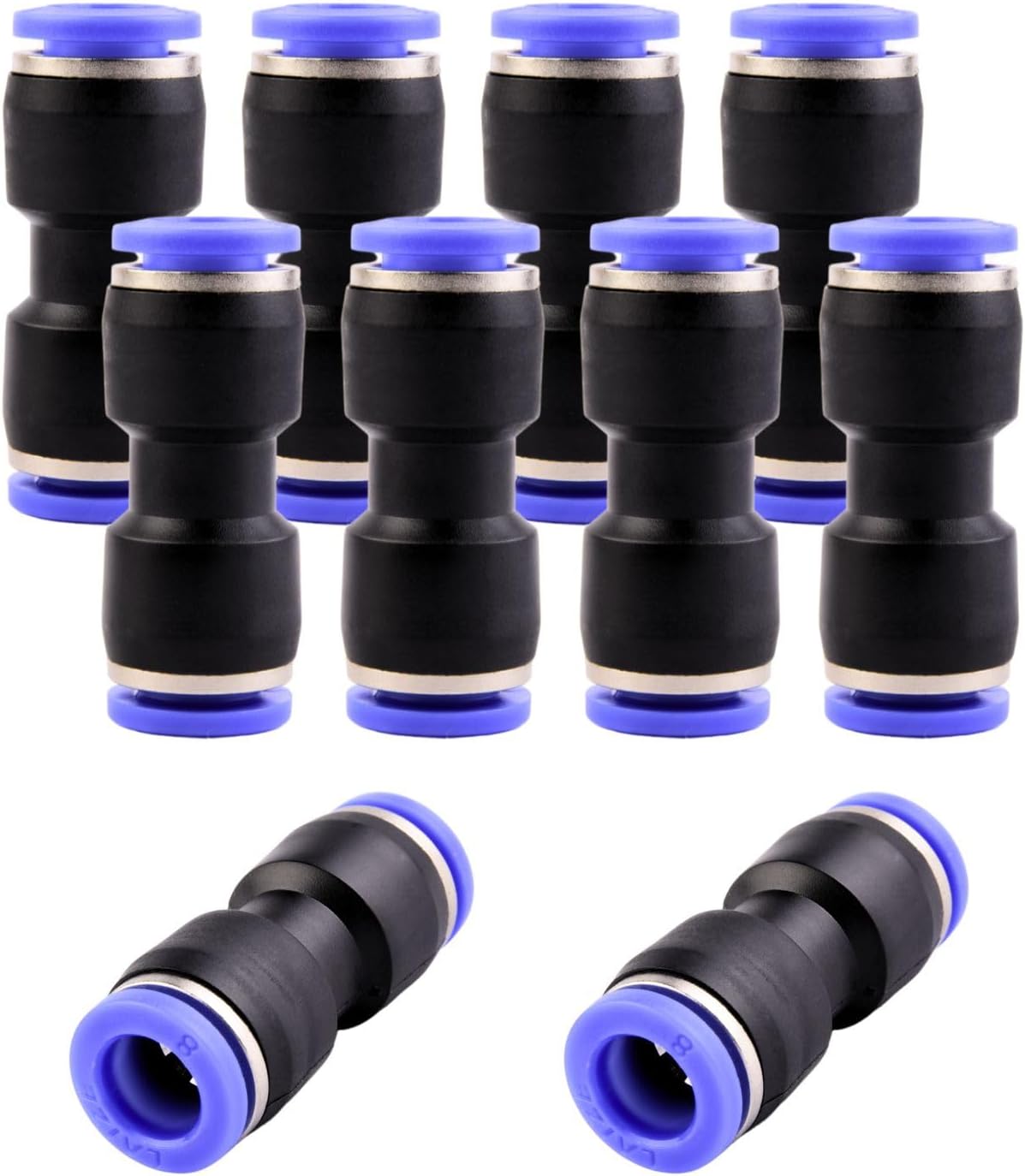 10er-packung 8-mm-pneumatikverschraubungen – Gerade, Kunststoff Und Pu – Werkzeuglose Schnellverbindung – Für Druckluft – Schwarz Und Blau