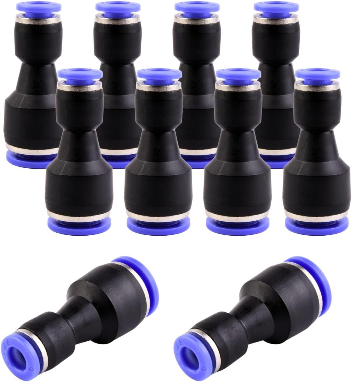 Gerade Pneumatikverschraubungen – 10er-pack – Kunststoff Und Pu – Reduzierstück 10 Mm Auf 6 Mm – Für Luft Und Wasser – Schwarz Und Blau