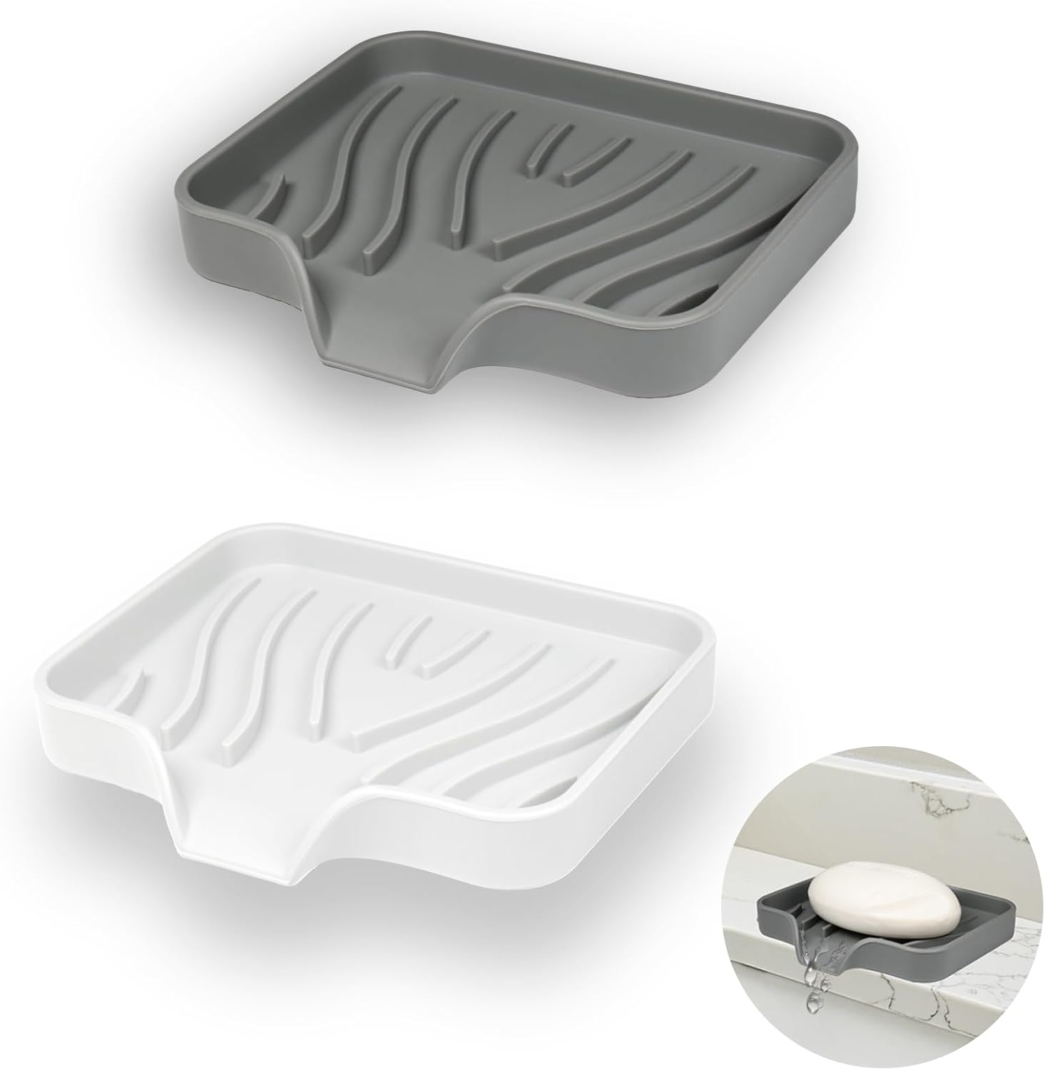 Silikon-seifenschale – 2er-set – Abgeschrägtes Design Mit Abfluss – Rutschfest Und Hygienisch – Für Bad Und Küche – Weiß Und Grau