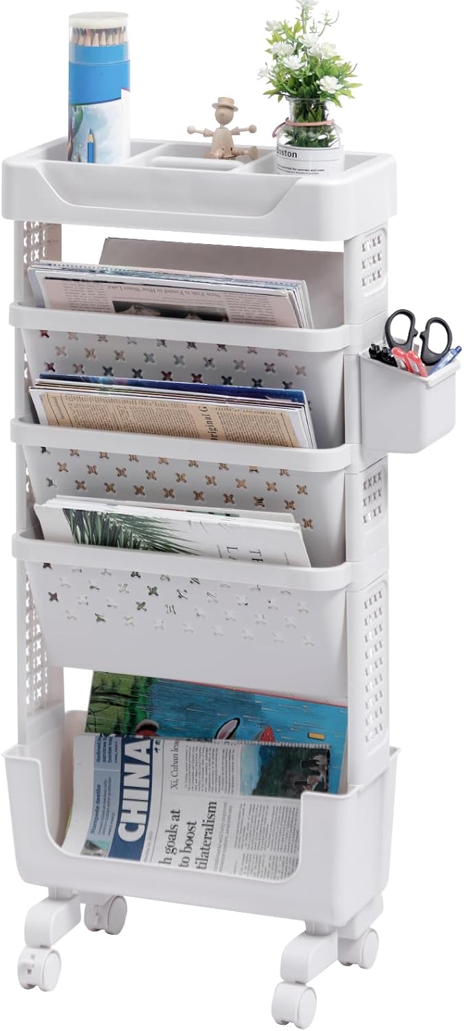 5-stöckiger Aufbewahrungswagen – Robustes Kunststoffmaterial – Mobil Mit Rollen Und Griff – Für Bücher, Küche, Bad – Weiß, 38 X 18 X 86 Cm