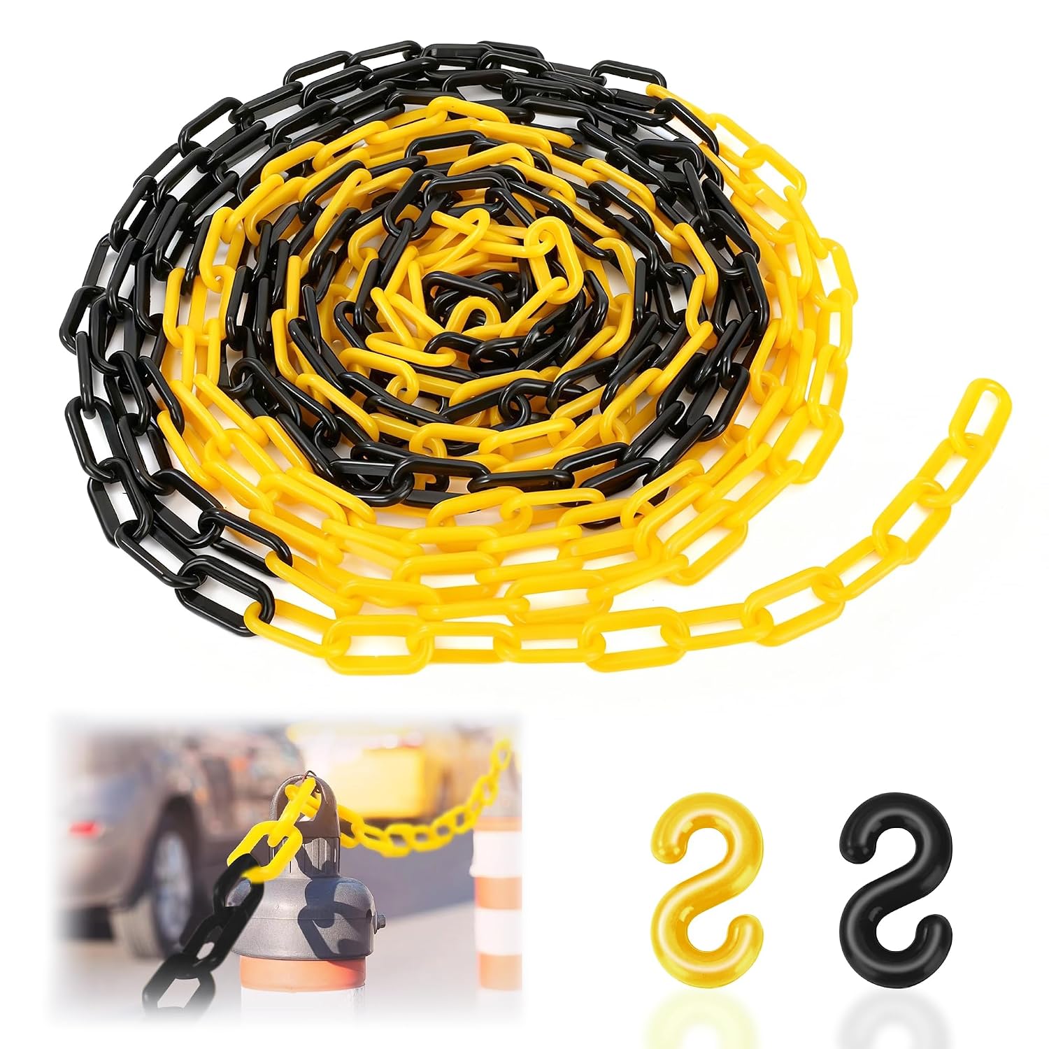 Warnkette – 10 Meter – Schwarz-gelber Kunststoff – Sicherheitsabgrenzung Mit S-haken – Baustellen Und Parkplätze – 8 Mm Dick