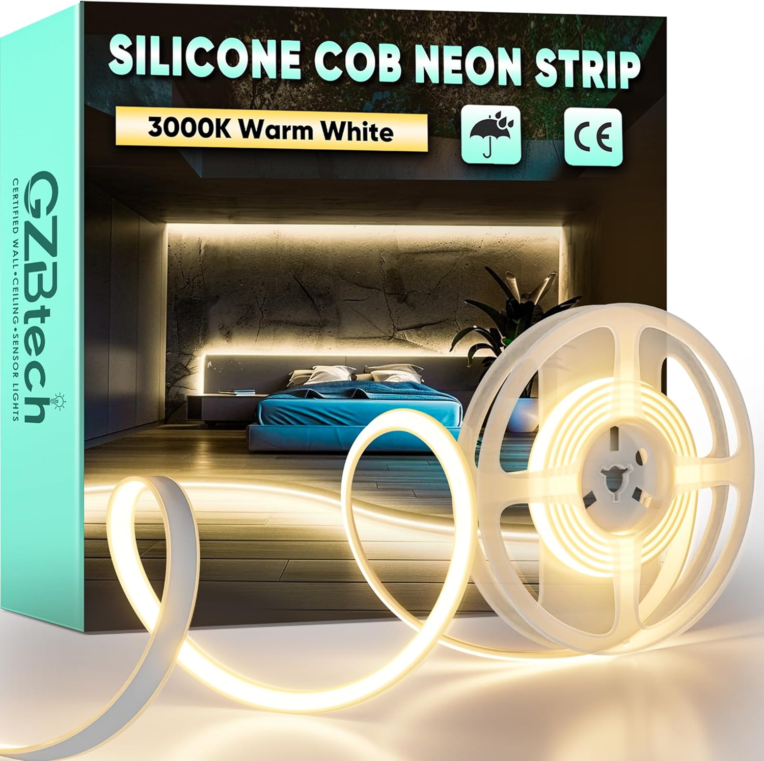 1 M Cob-led-streifen – Warmweiß 3000 K – Ip65 Wasserdicht, Flexibles Silikon – Dauerlichtspots – Innen-/außenbereich, Küche/wohnzimmer – 286 Leds/m