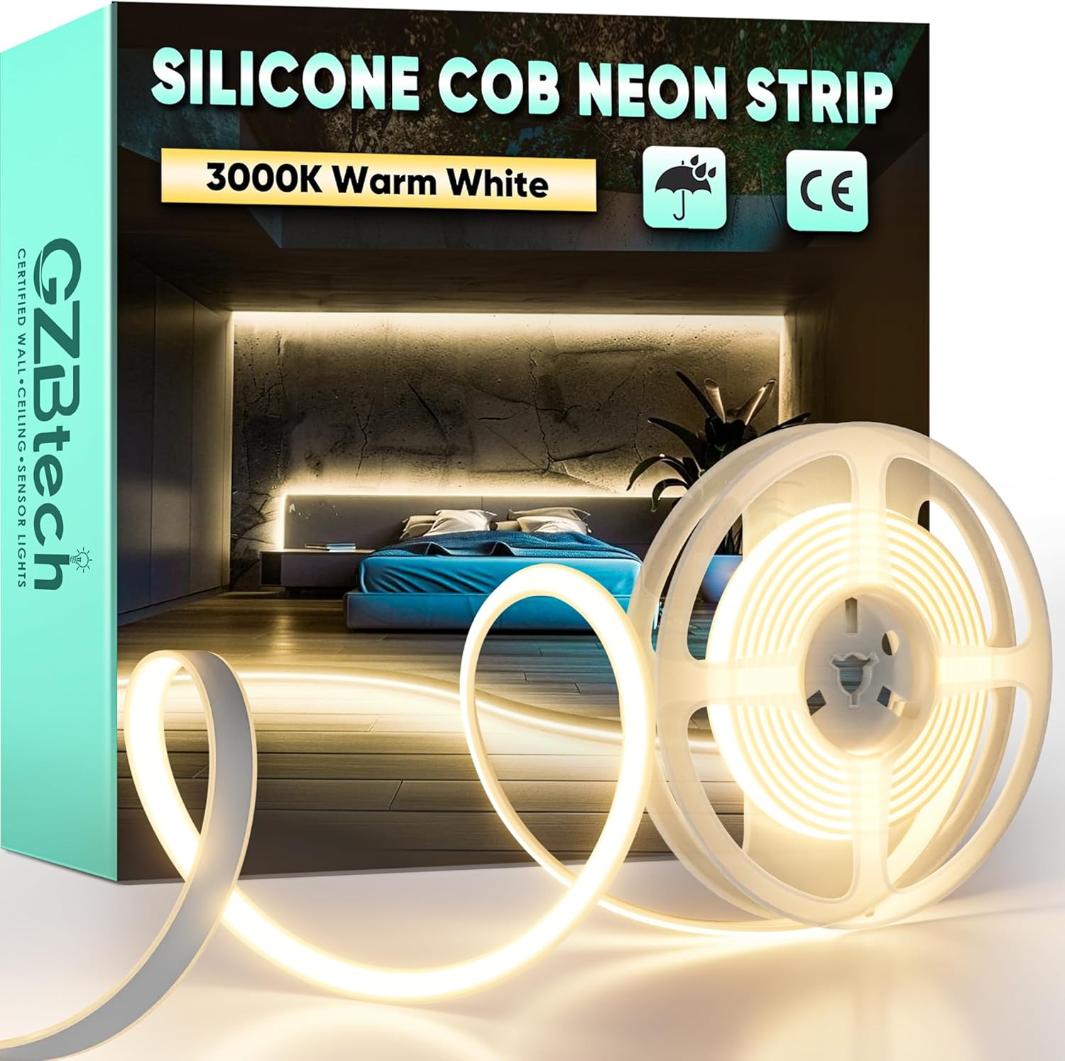 2 M Warmweißer 3000k Cob-led-streifen, Ip65 Wasserdichtes Silikon, Flexible Beleuchtung Für Küche, Wohnzimmer, Kleiderschrank, 1500 Lm/m
