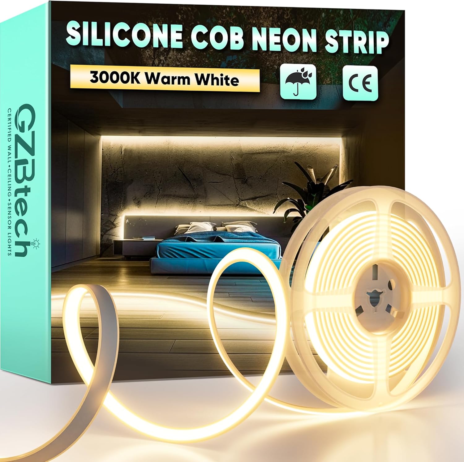 3 M Warmweißer 3000k Cob-led-streifen – Ip65 Wasserdichter, Flexibler Streifen – Dimmbare Beleuchtung Für Küche Und Wohnzimmer – 1500 Lm/m