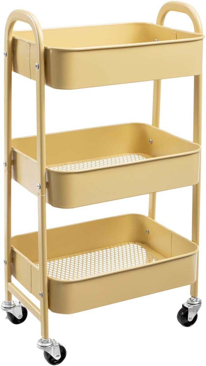 Metall-servierwagen – 1 Stück – Robustes Stahlgestell – 3 Verstellbare Ablagen – Für Küche, Bad, Büro – 40 X 30 X 70 Cm, Khaki