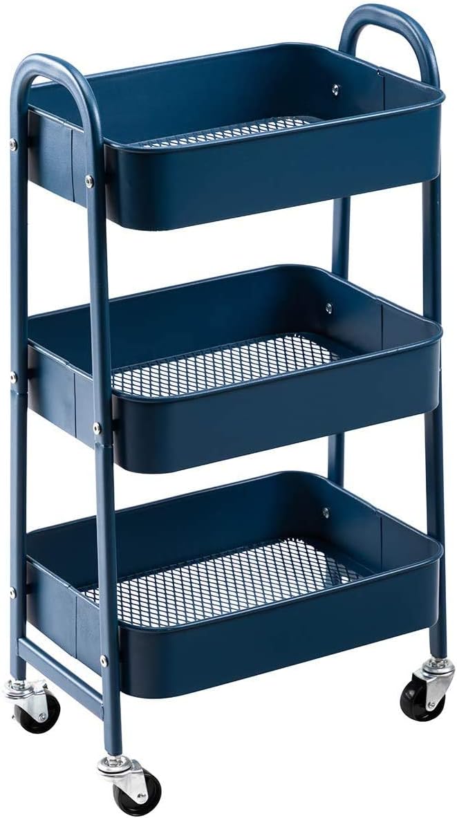 Metall-servierwagen – 1 Stück – Marineblauer Stahl – 3 Rollablagen – Küche, Bad, Büro – 40 X 30 X 70 Cm