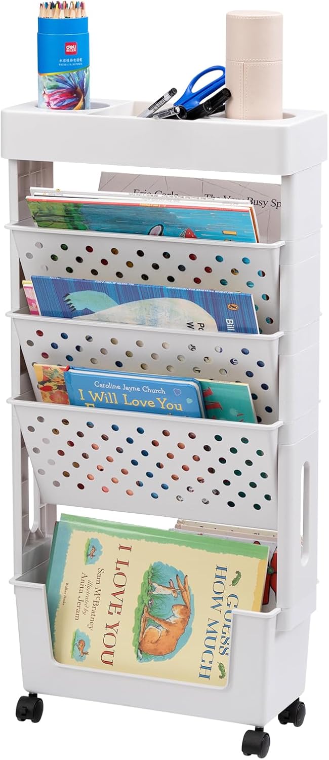 5-stöckiger Aufbewahrungswagen – 1 Stück – Robuster Kunststoff – Mobil Mit Schwenkrollen – Wohnzimmer, Schlafzimmer, Büro – Weiß, 38 X 17 X 77 Cm