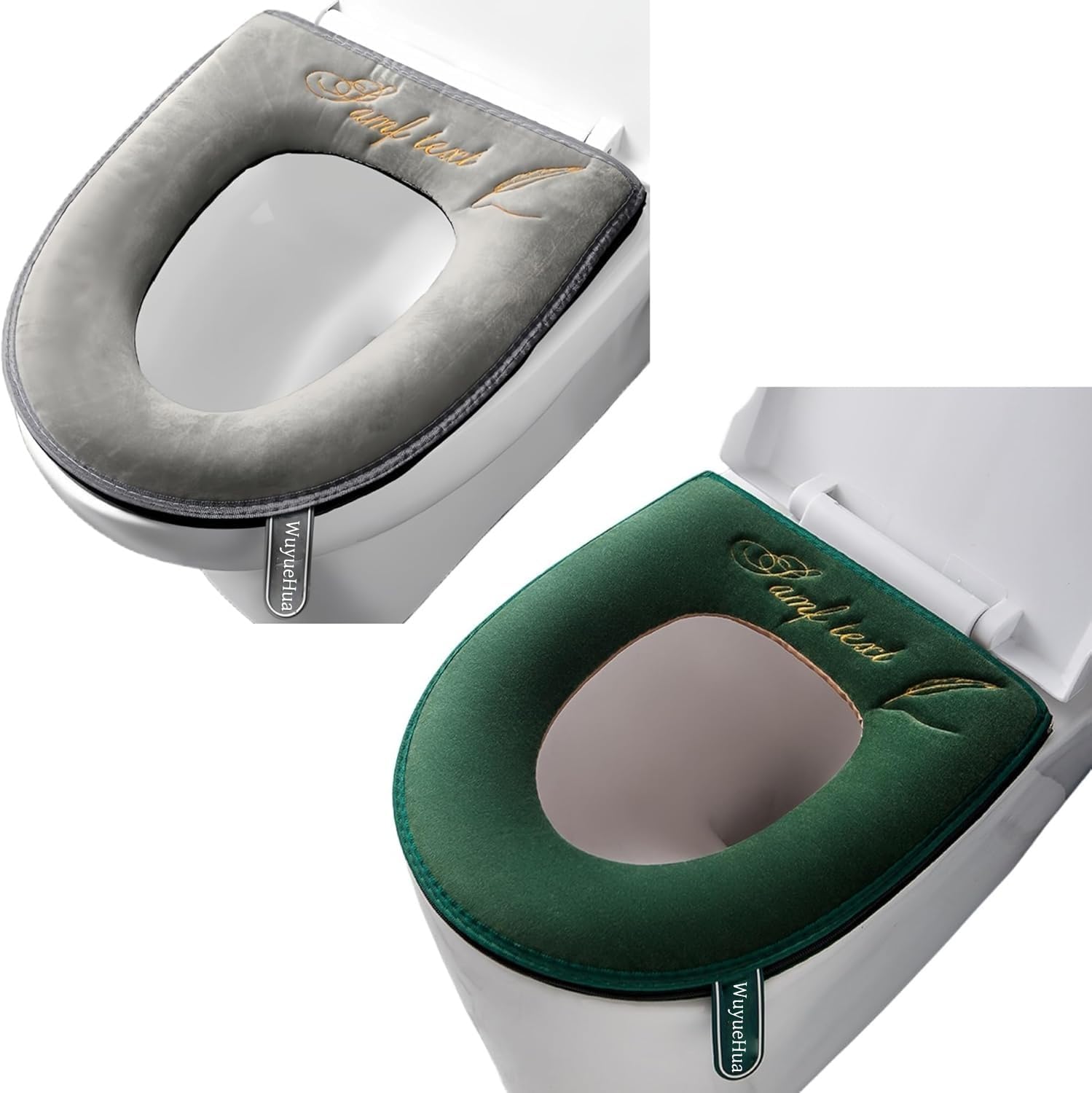 2er-set Wc-sitzbezüge – Dickes Acrylmaterial – Weich Und Warm Für Den Winter – Für Ovale Wc-becken – Grau Und Grün