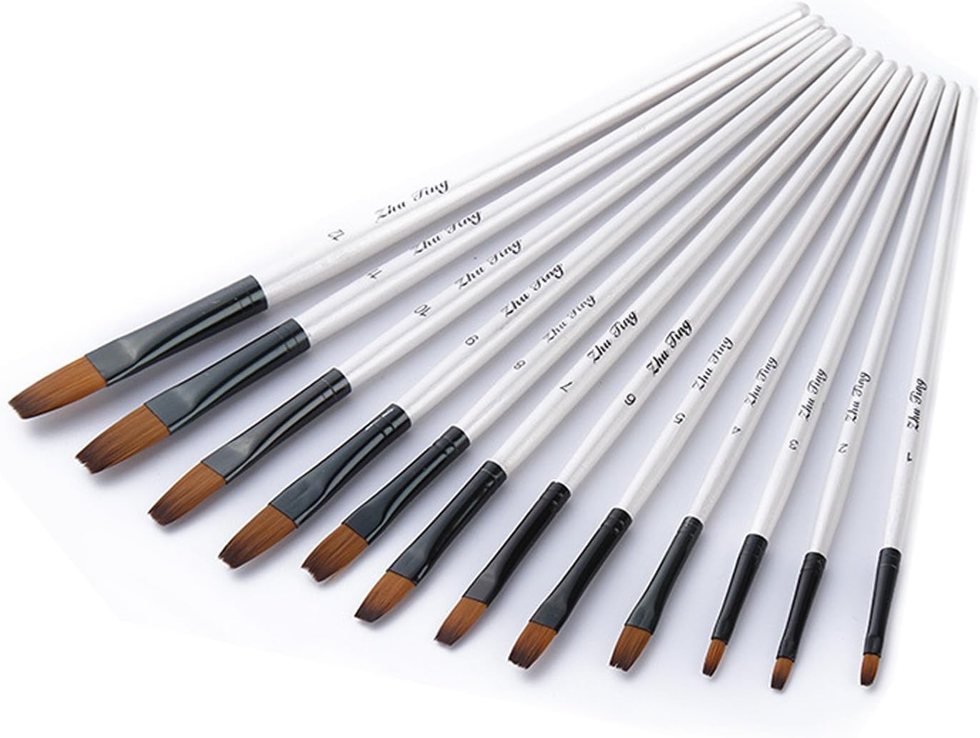 Pinselset Mit 12 Flachen Pinseln Für Aquarell Und Acryl - Weiß