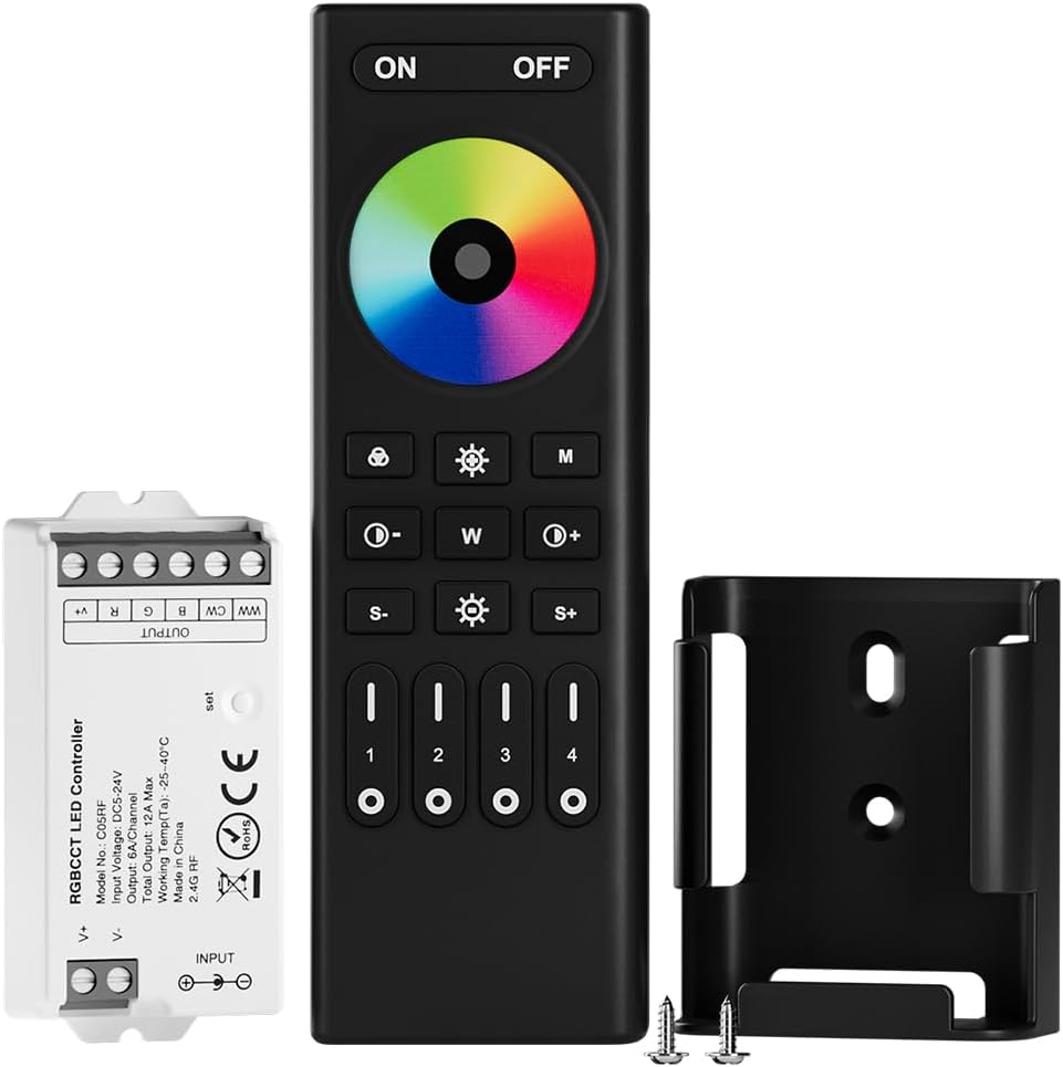 Rgbcct 4-zonen-led-controller-set – 1 Fernbedienung Und 1 Empfänger – 2,4-ghz-funk – Für 6-adrige Dc5v-24v-led-streifen – Für Innenräume Und Gewerbliche Nutzung