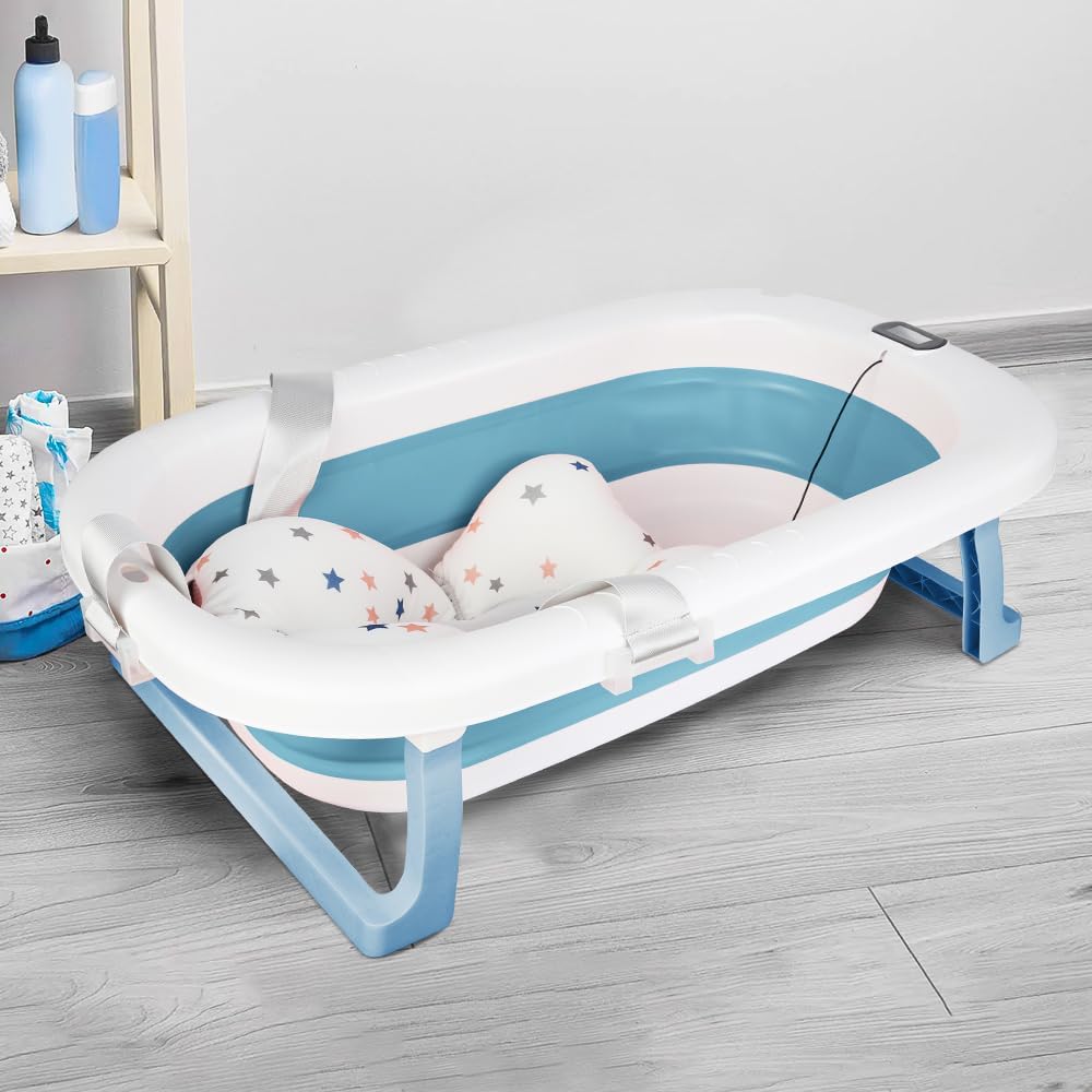 Faltbare Babybadewanne – 1 Stück – Pp+tpe – Digitales Thermometer Und Duschhalterung – Sicheres Baden Für Kinder – Blau, 80 X 50 X 23 Cm