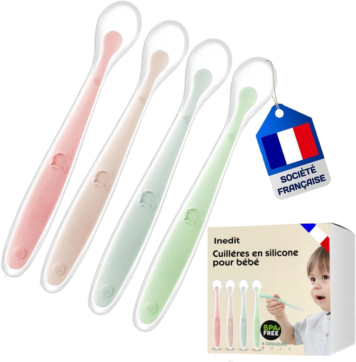 Babylöffel-set – 4-teilig – Weiches Silikon – Ergonomisches, Geschwungenes Design – Für Die Babyernährung – Rosa, Lila, Blau, Grün