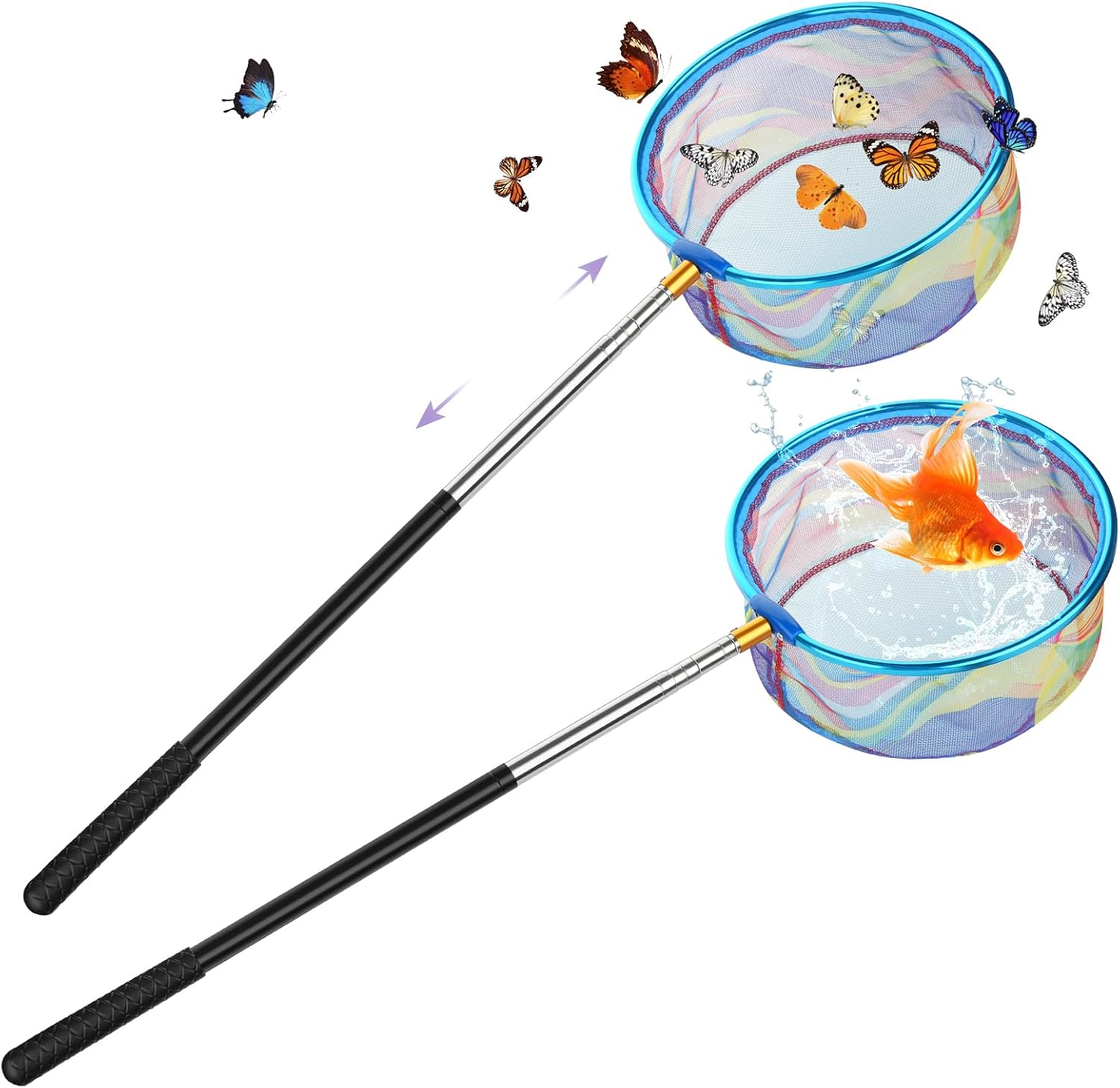 Teleskop-kescher – 2er-set – Edelstahl Und Nylon – Verstellbare Länge Von 66 Bis 173 Cm – Zum Angeln Und Insektenfangen – Blauer Griff